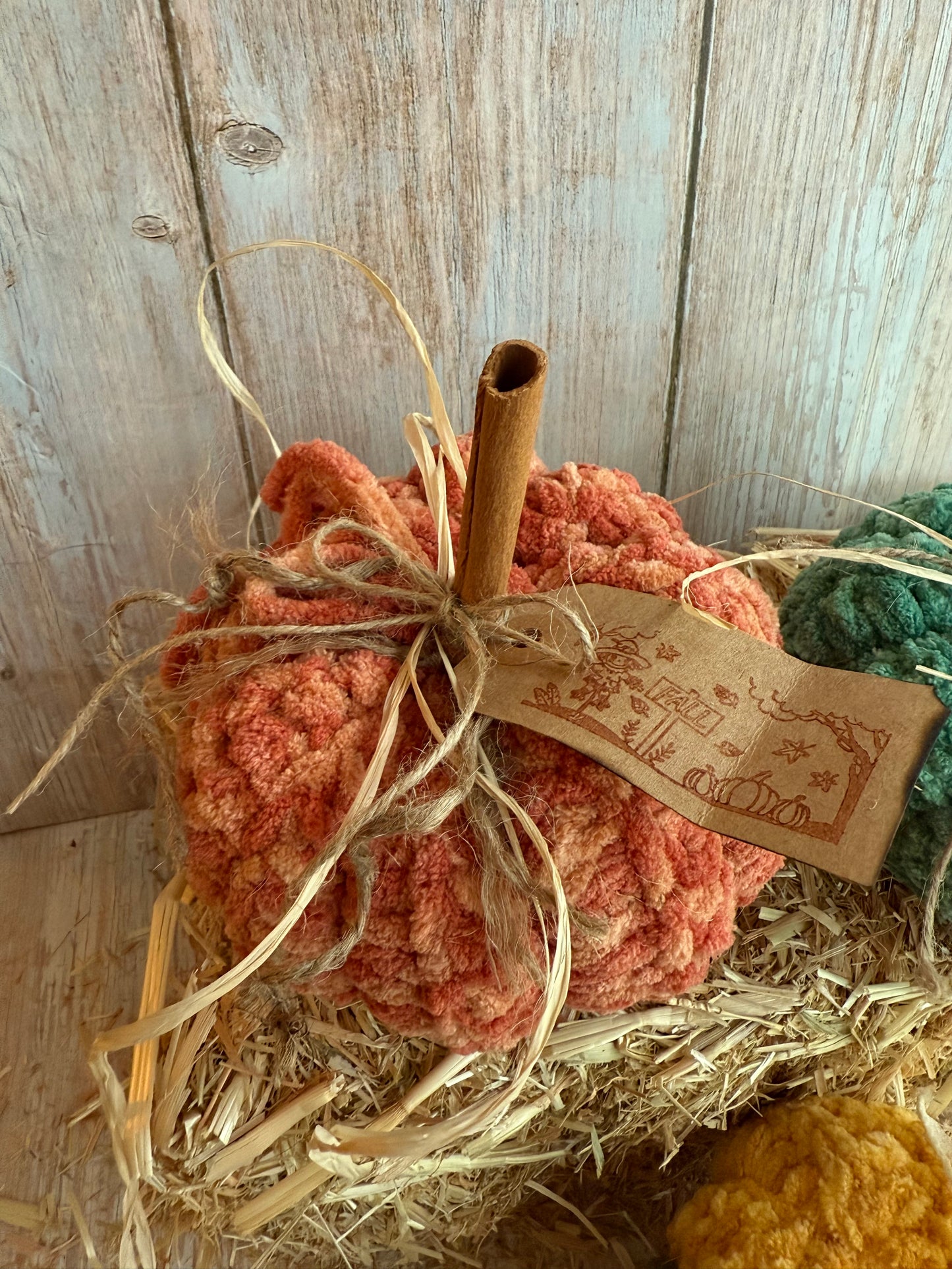 Handmade Fluffy Yarn Pumpkins with Cinnamon Stick Stems, Mustard, Orange & Teal, Cozy Fall Crochet Pumpkins, Handmade in Warm Seasonal Colors, Harvest Collection Crochet Pumpkins, Mustard, Teal & Orange