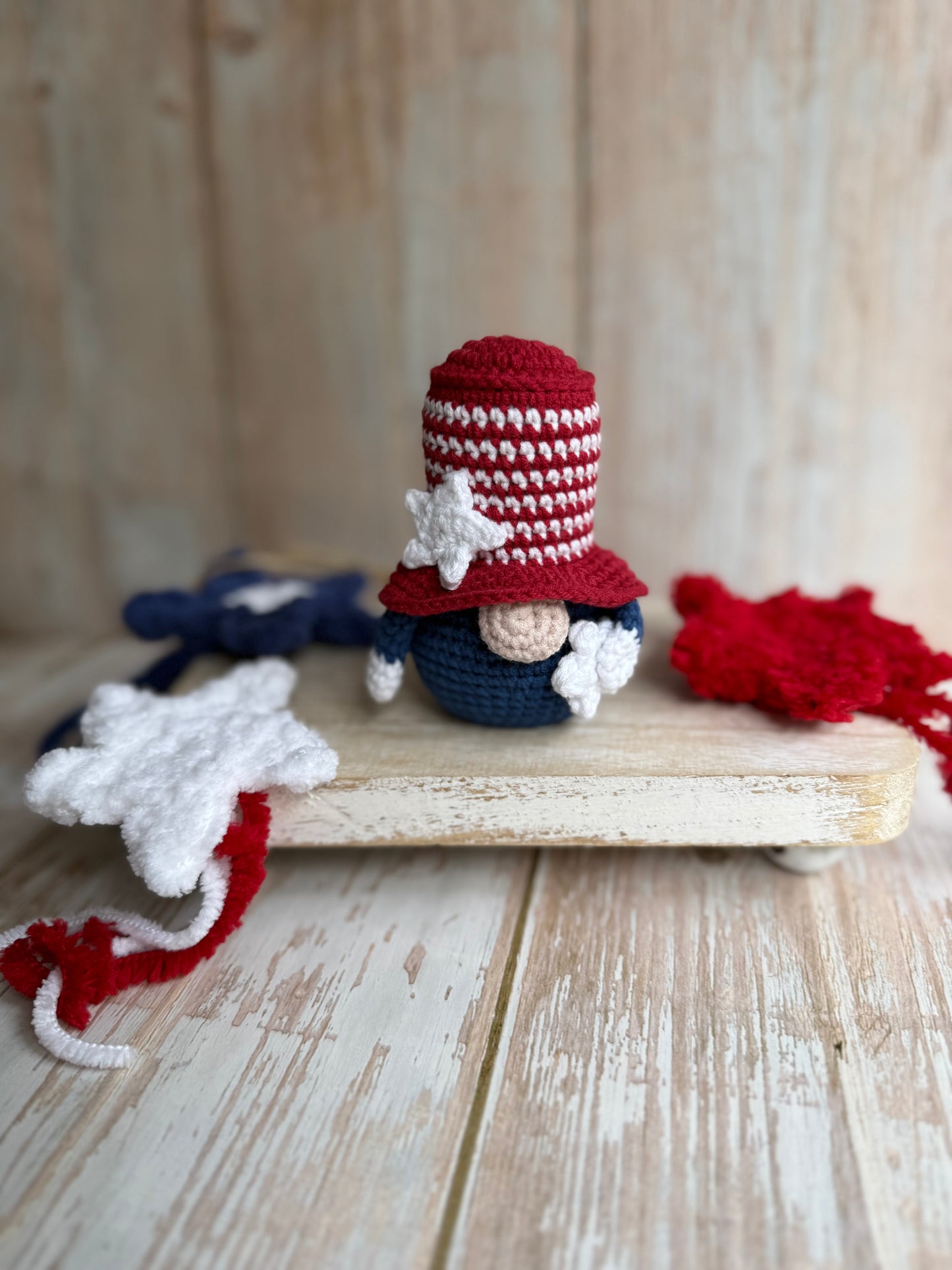 Uncle Sam Crochet Gnome Patriotic Holiday Decor, Stars & Stripes Gnome – Handmade 4th of July Cutie, Red, White & Blue Gnome Mini Patriotic Amigurumi, Liberty Hat Gnome Crochet Americana Decor, USA Striped Hat Gnome