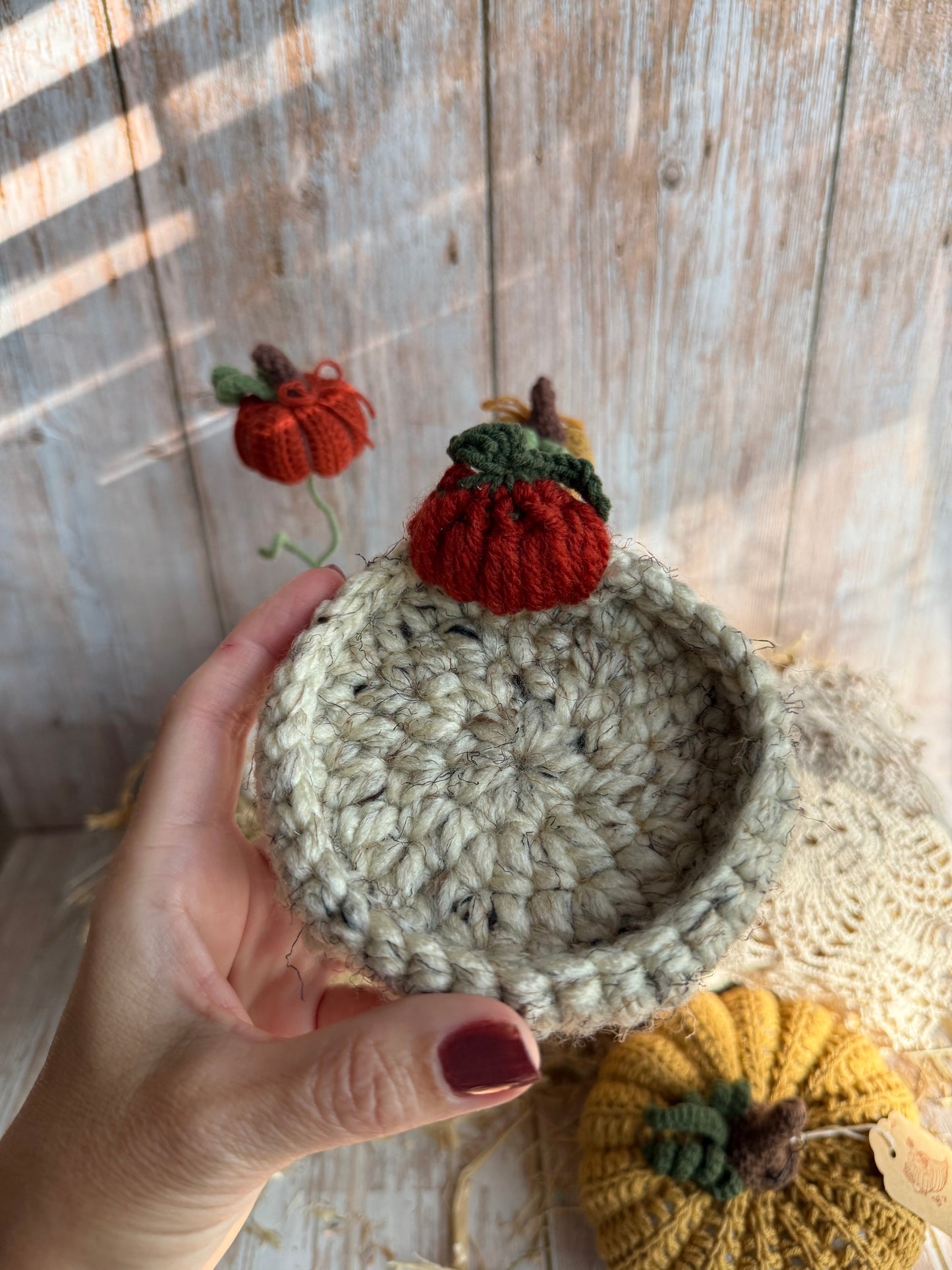 Crochet Pumpkin Patch Coasters, Handmade Fall Coasters, Rustic Pumpkin Design, Autumn Harvest Crochet Coasters, Pumpkins, Pumpkin Trio Crochet Coasters, Farmhouse Fall Decor