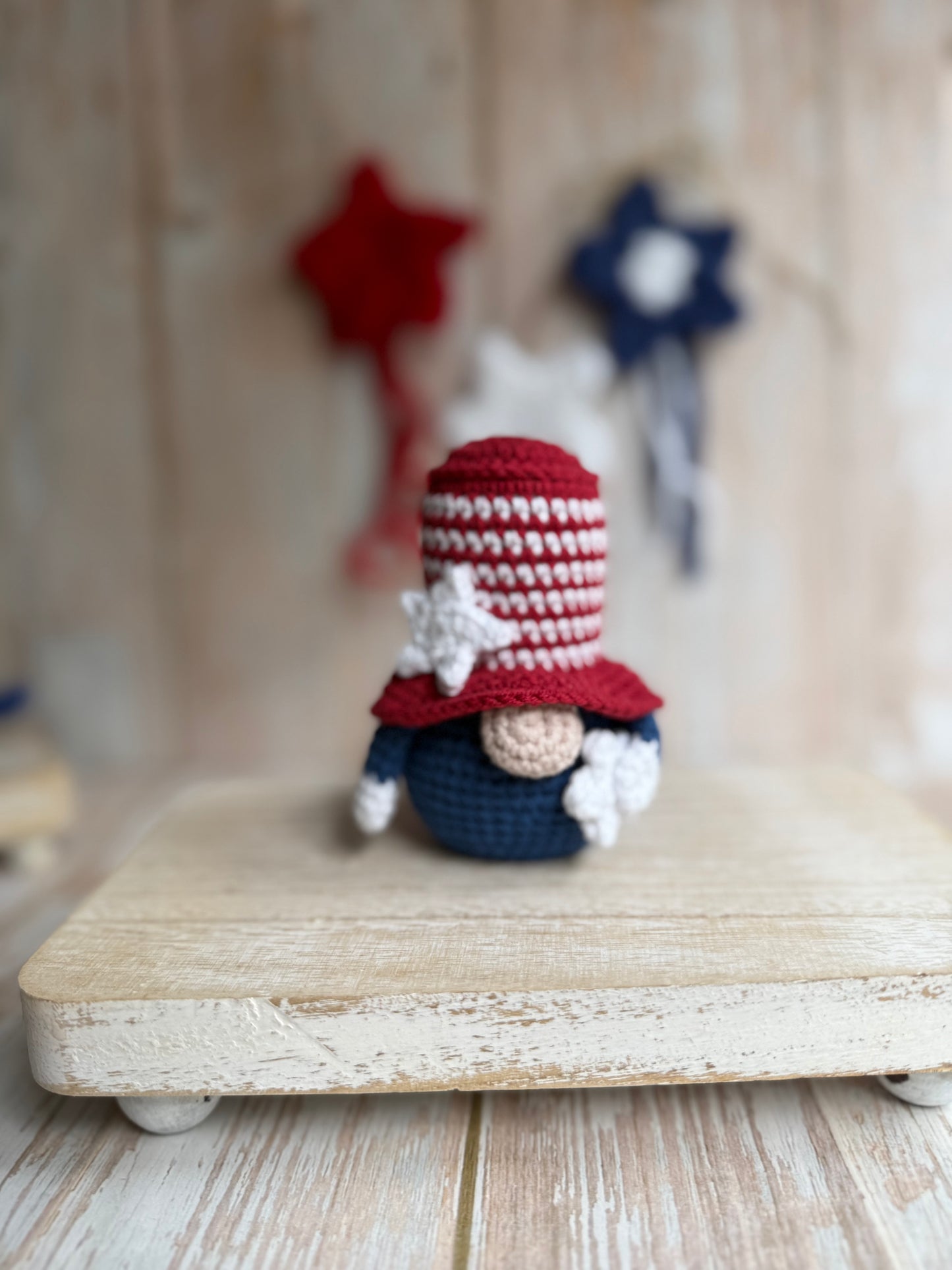 Uncle Sam Crochet Gnome Patriotic Holiday Decor, Stars & Stripes Gnome – Handmade 4th of July Cutie, Red, White & Blue Gnome Mini Patriotic Amigurumi, Liberty Hat Gnome Crochet Americana Decor, USA Striped Hat Gnome