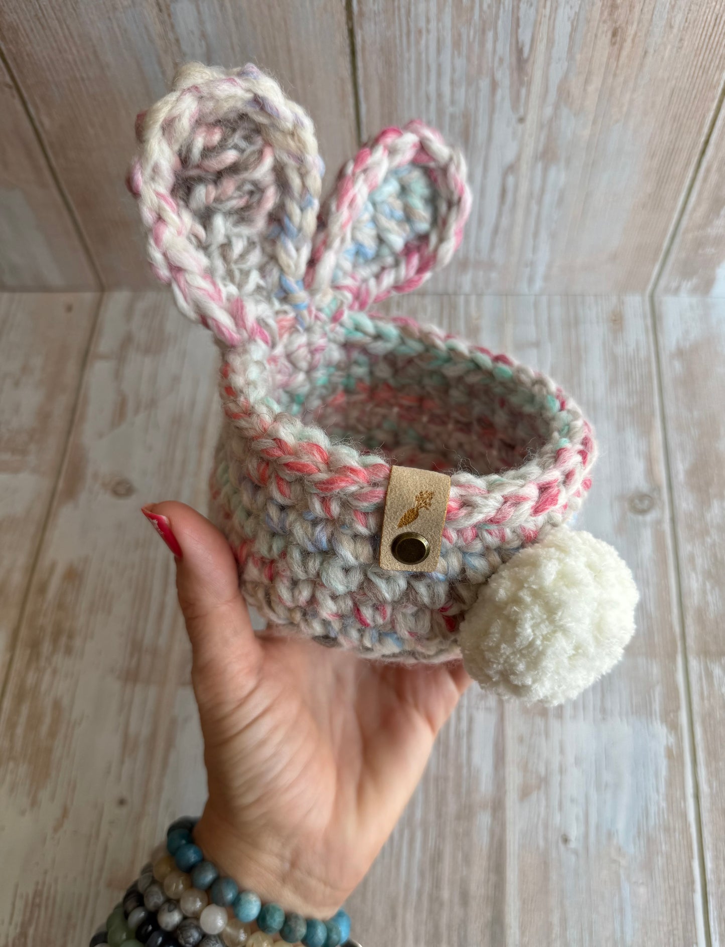 Handmade Bunny Ear Crochet Basket, Easter Bunny Storage Basket, Whimsical Bunny Tail Basket, Pastel Bunny Basket – Cute & Cozy, Chunky Crochet Bunny Basket