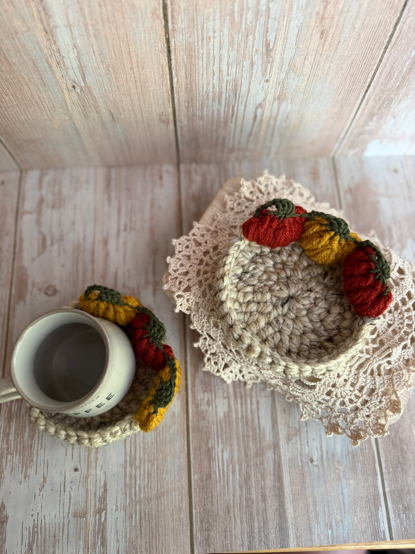 Crochet Pumpkin Patch Coasters, Handmade Fall Coasters, Rustic Pumpkin Design, Autumn Harvest Crochet Coasters, Pumpkins, Pumpkin Trio Crochet Coasters, Farmhouse Fall Decor
