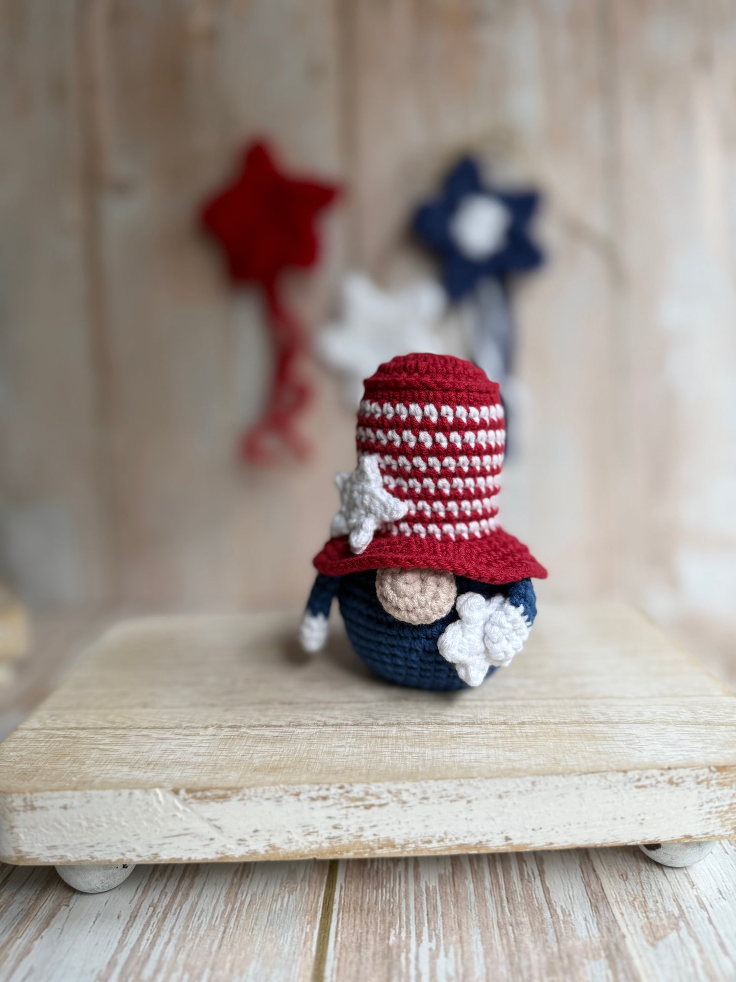 Uncle Sam Crochet Gnome Patriotic Holiday Decor, Stars & Stripes Gnome – Handmade 4th of July Cutie, Red, White & Blue Gnome Mini Patriotic Amigurumi, Liberty Hat Gnome Crochet Americana Decor, USA Striped Hat Gnome