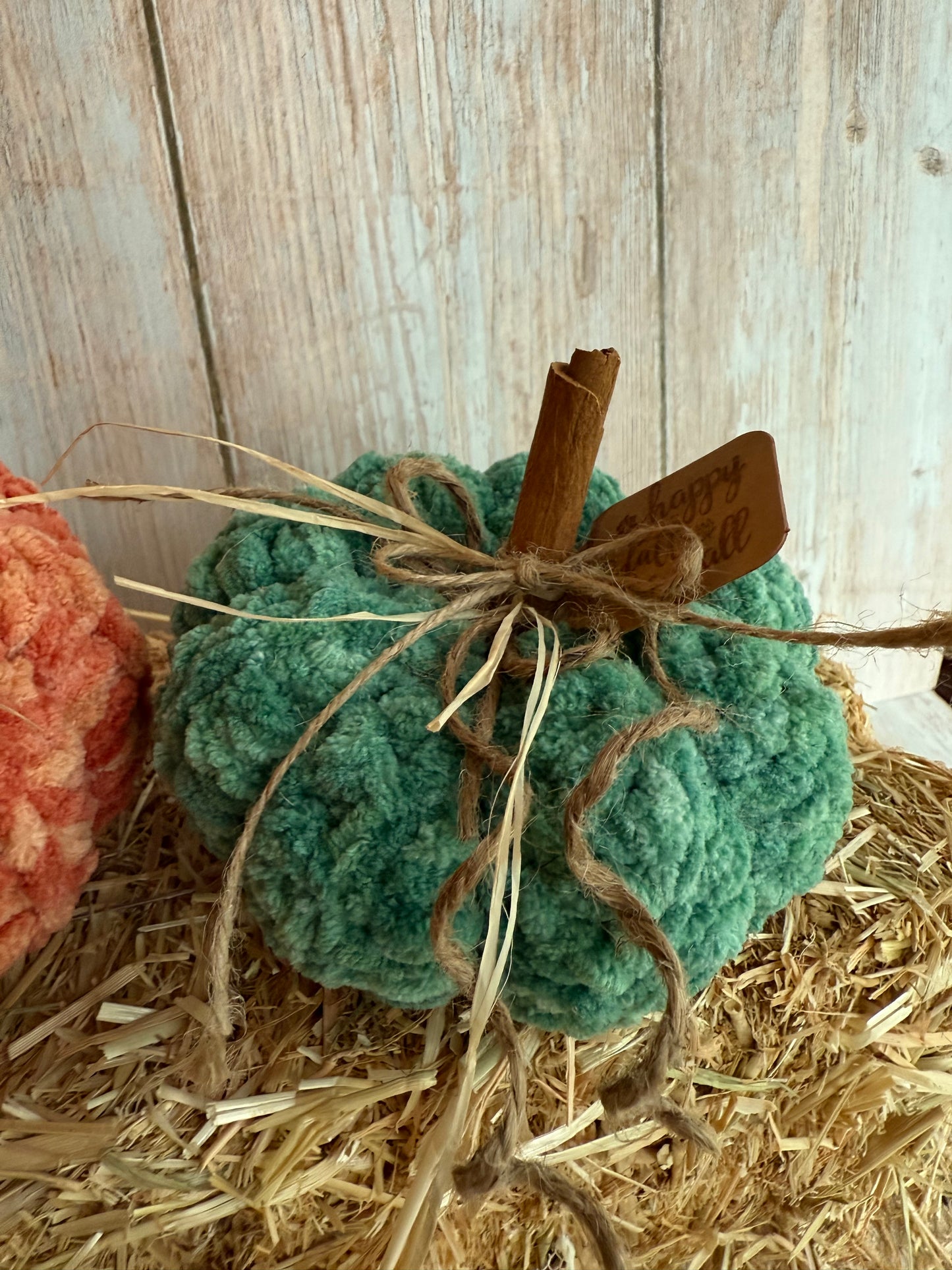 Handmade Fluffy Yarn Pumpkins with Cinnamon Stick Stems, Mustard, Orange & Teal, Cozy Fall Crochet Pumpkins, Handmade in Warm Seasonal Colors, Harvest Collection Crochet Pumpkins, Mustard, Teal & Orange