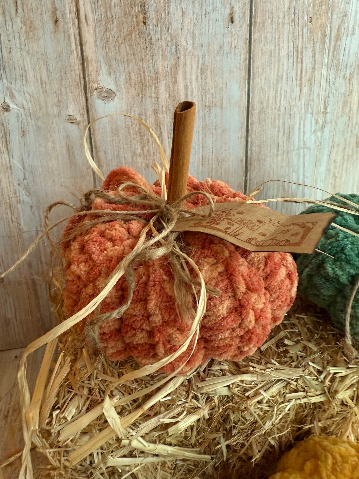 Handmade Fluffy Yarn Pumpkins with Cinnamon Stick Stems, Mustard, Orange & Teal, Cozy Fall Crochet Pumpkins, Handmade in Warm Seasonal Colors, Harvest Collection Crochet Pumpkins, Mustard, Teal & Orange