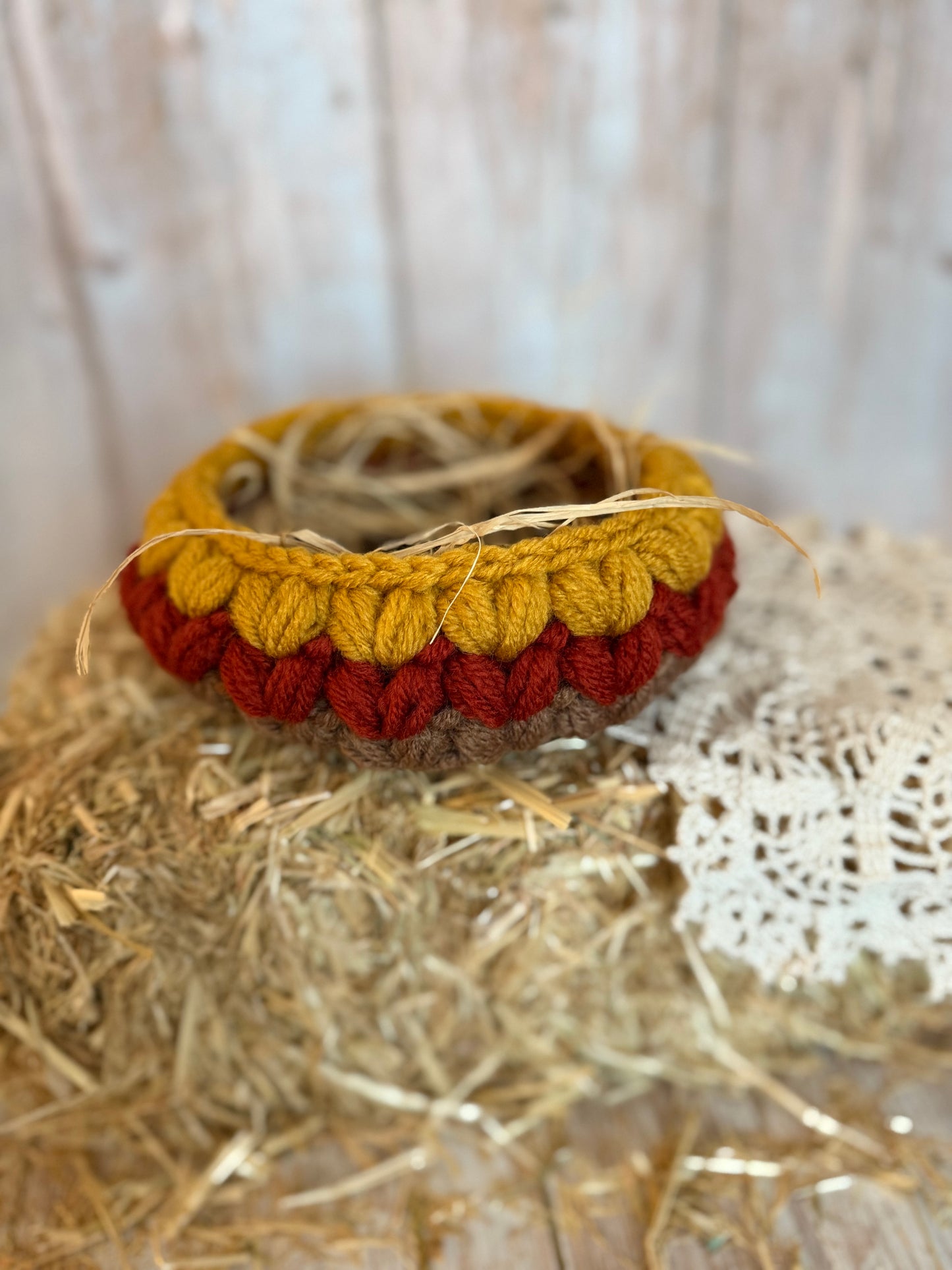 Handmade Autumn Crochet Basket – Cozy Fall Decor in Mustard, Rust & Brown, Chunky Crochet Basket – Fall Harvest Colors, Cozy Fall Storage Basket – Rustic Crochet Decor, Handcrafted Crochet Basket – Warm Autumn Tones