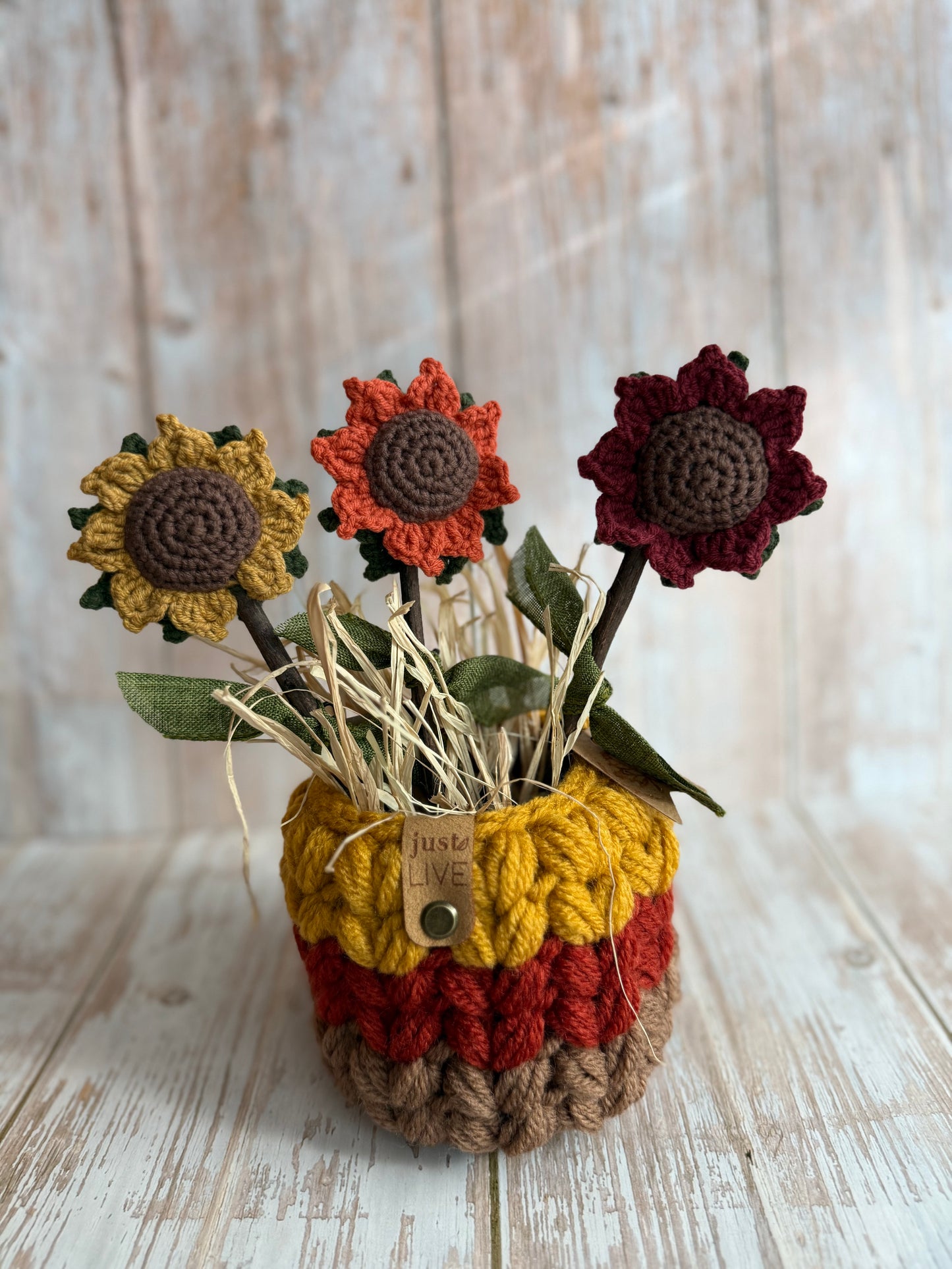Sunflowers With Real Twig Stems, Crochet Sunflowers Real Twig Stem Details, Handmade Crochet Sunflower, Rustic Crochet Sunflower