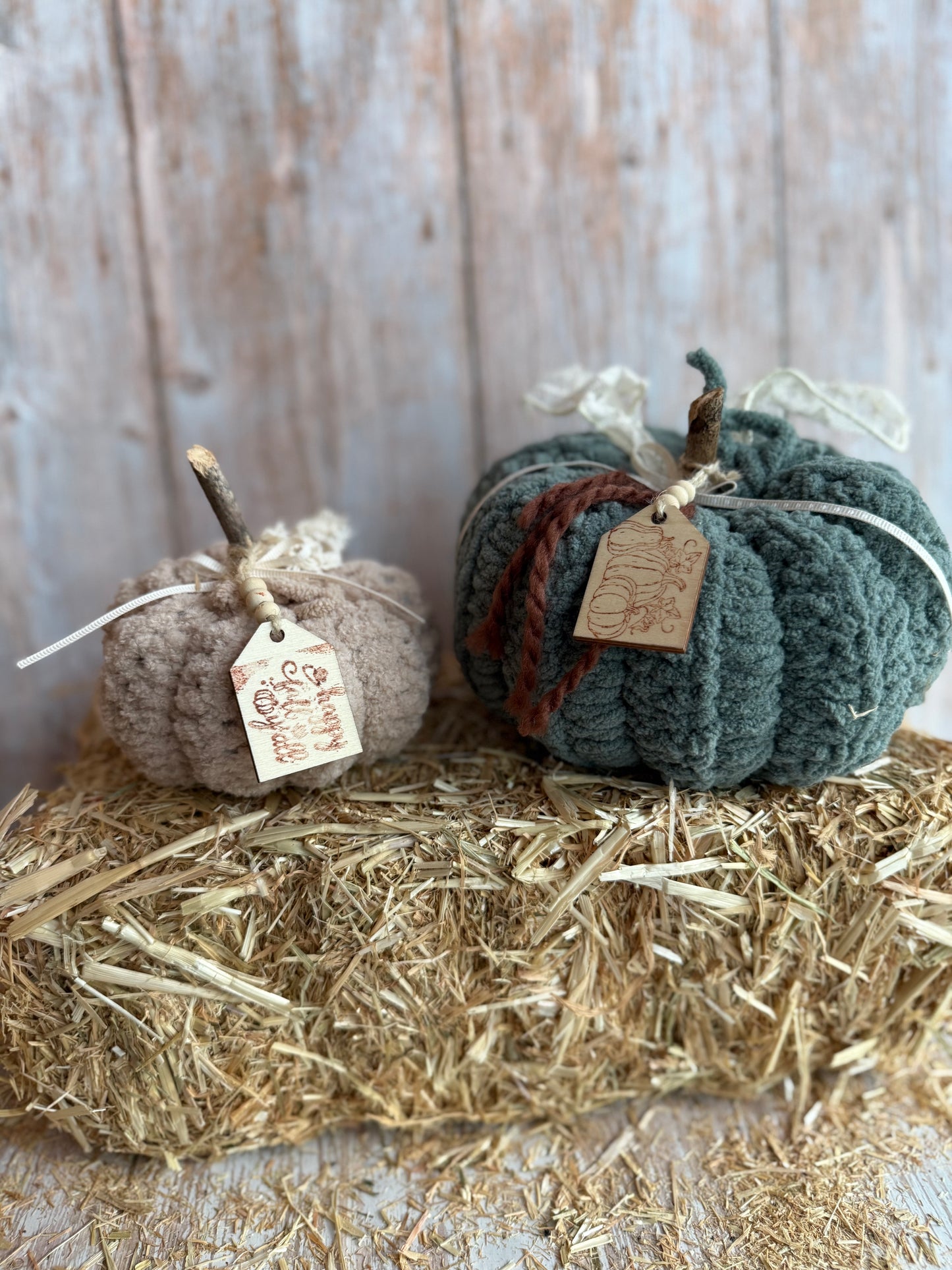 Rustic Crochet Pumpkins, Handmade Fall Decoration, Harvest Collection Crochet Pumpkin, Handmade Fluffy Yarn Pumpkins with Rustic Wooden Stems, Mustard, Beige & Teal