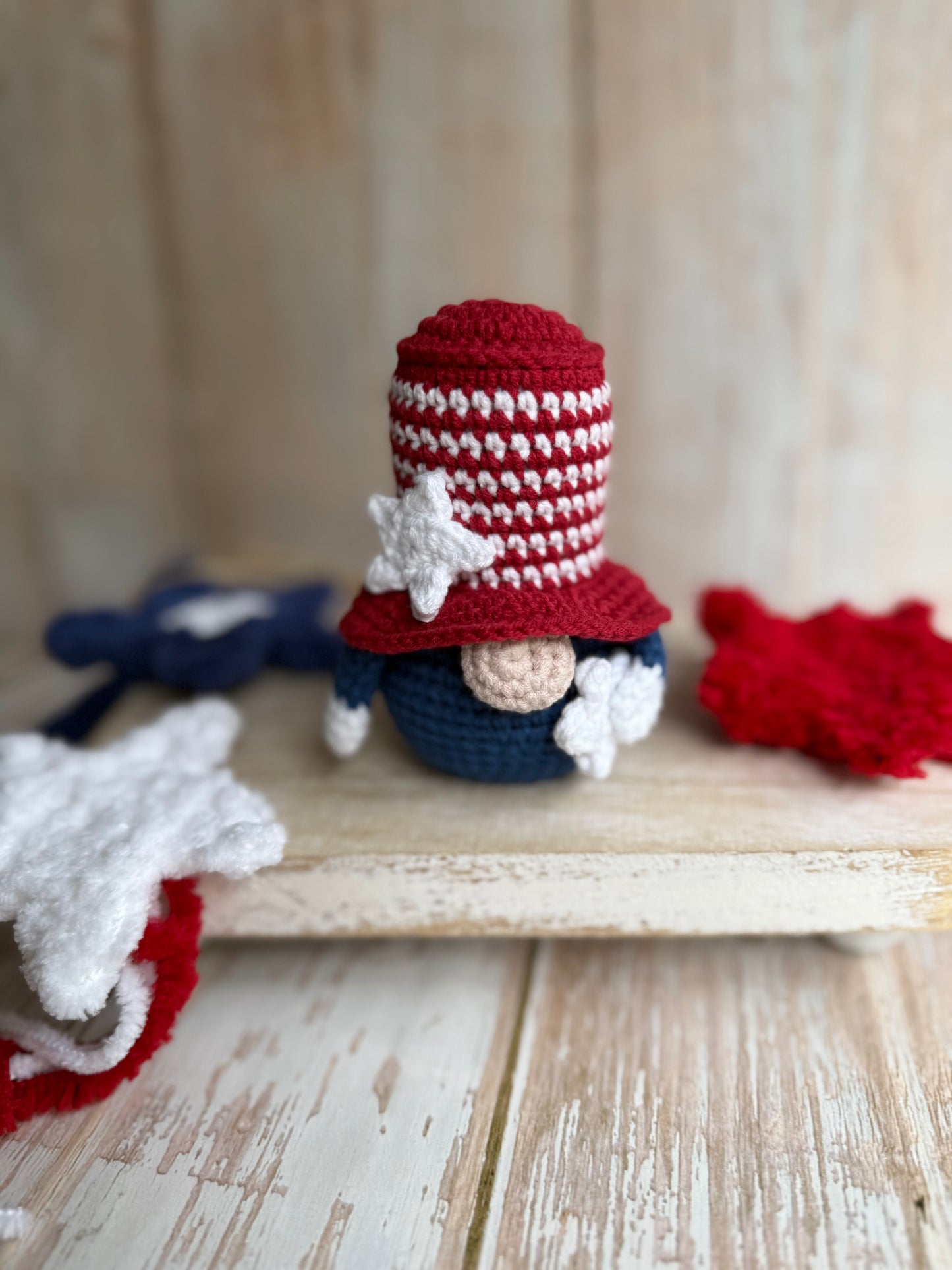 Uncle Sam Crochet Gnome Patriotic Holiday Decor, Stars & Stripes Gnome – Handmade 4th of July Cutie, Red, White & Blue Gnome Mini Patriotic Amigurumi, Liberty Hat Gnome Crochet Americana Decor, USA Striped Hat Gnome