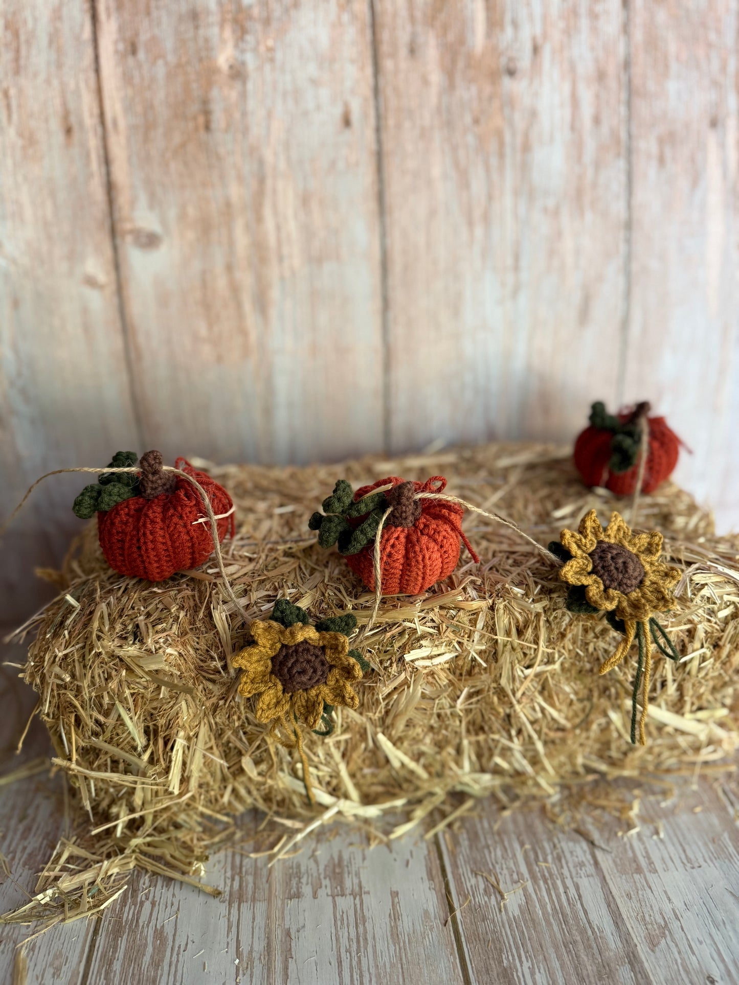 Autumn Harvest Crochet Garland, Handmade Fall Garland Rustic Pumpkins & Sunflowers, Cozy Crochet Fall Garland Pumpkins & Blooms, Rustic Pumpkin & Sunflower Garland, Autumn Home Decor, Handmade Crochet Fall Garland Farmhouse Style