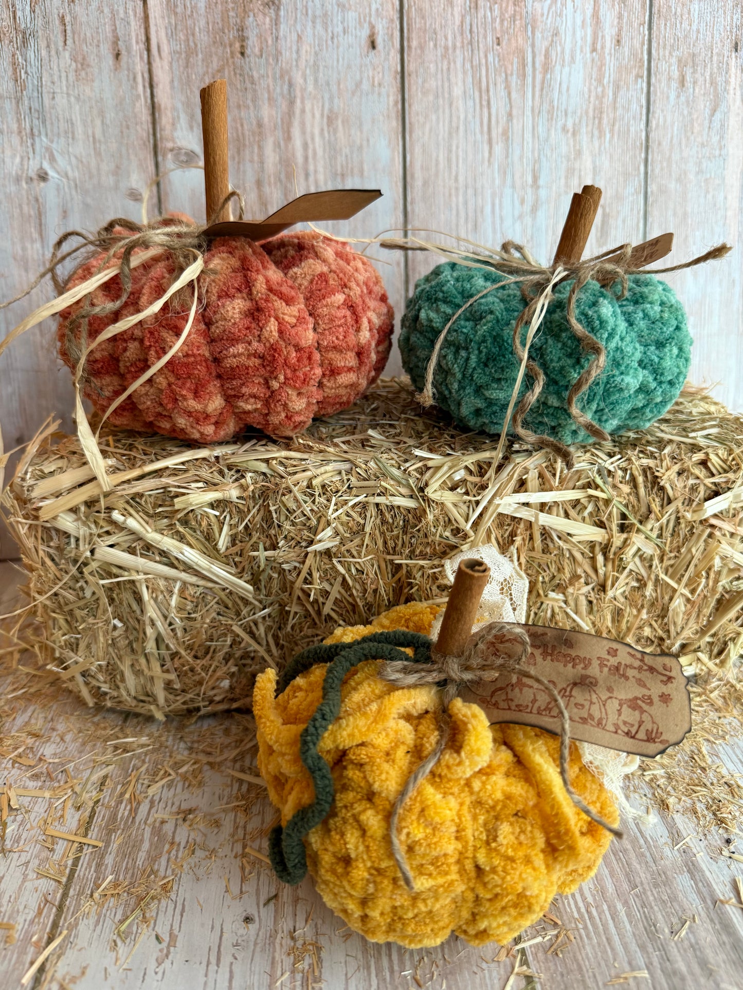 Handmade Fluffy Yarn Pumpkins with Cinnamon Stick Stems, Mustard, Orange & Teal, Cozy Fall Crochet Pumpkins, Handmade in Warm Seasonal Colors, Harvest Collection Crochet Pumpkins, Mustard, Teal & Orange