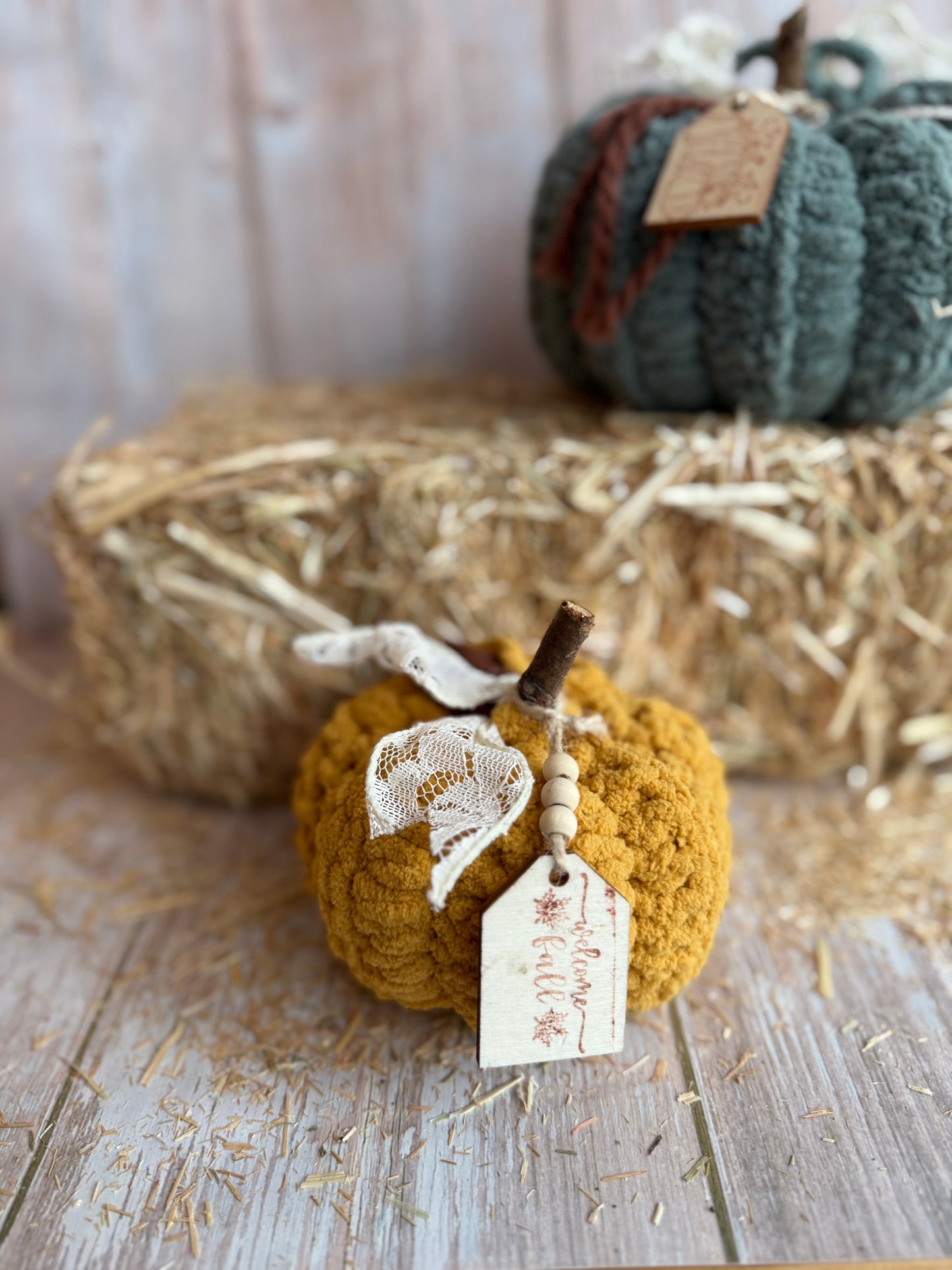 Rustic Crochet Pumpkins, Handmade Fall Decoration, Harvest Collection Crochet Pumpkin, Handmade Fluffy Yarn Pumpkins with Rustic Wooden Stems, Mustard, Beige & Teal