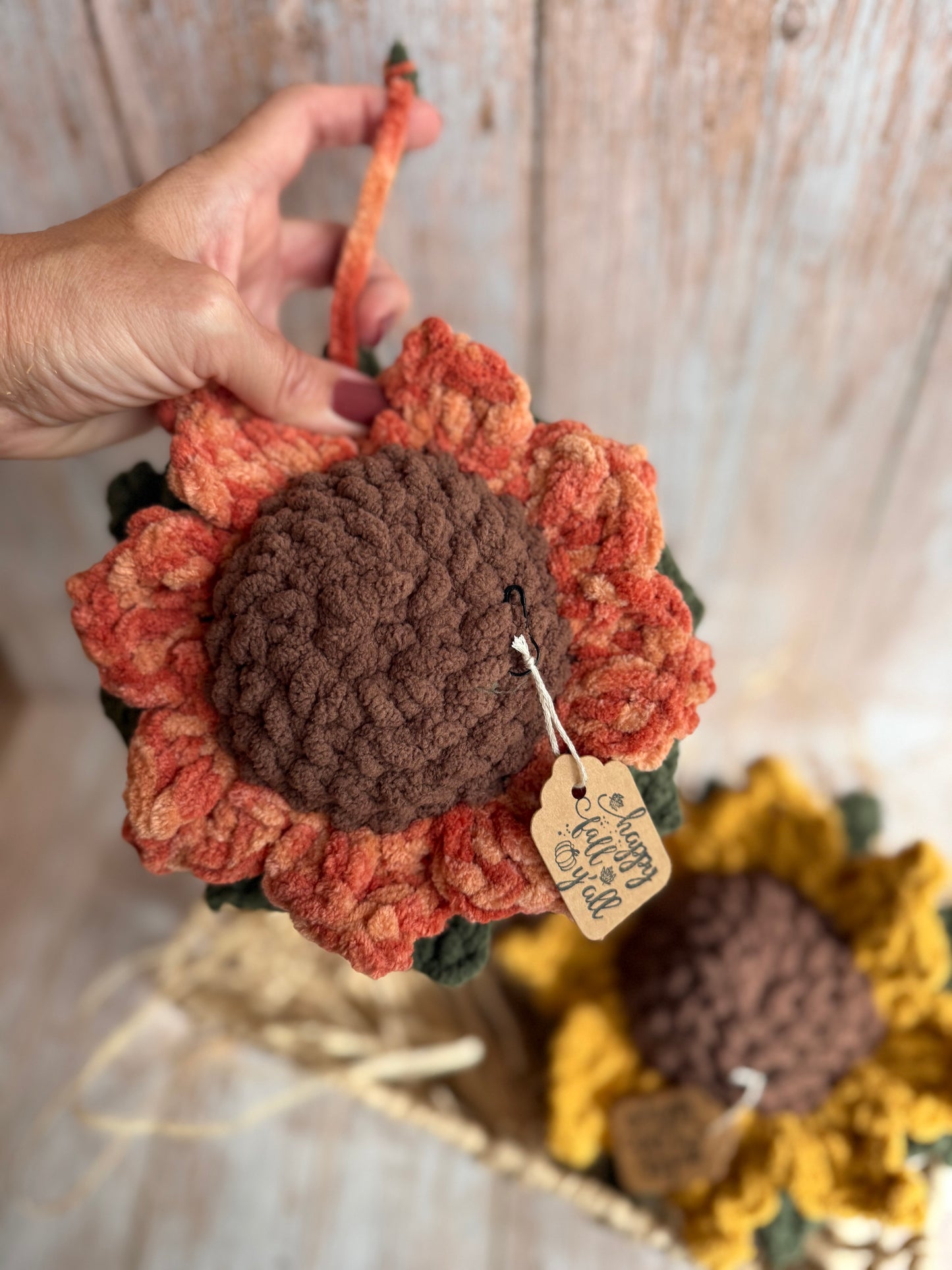 Large Crochet Sunflowers – Mustard & Orange – Fall Tiered Tray or Hanging Decor, Rustic Farmhouse Crochet Sunflowers, Autumn Crochet Sunflowers – Perfect for Tiered Tray or Wall Hangin