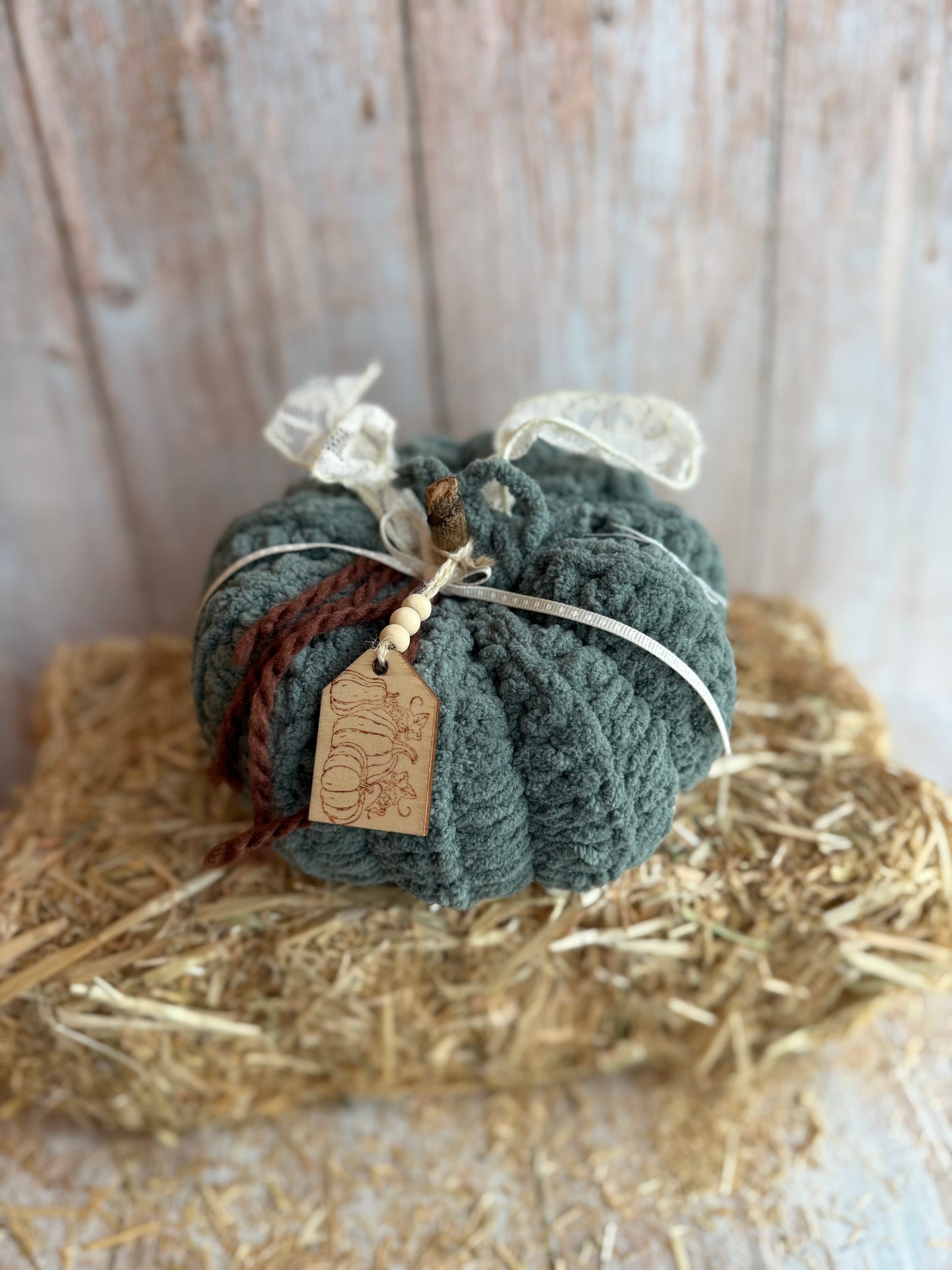 Rustic Crochet Pumpkins, Handmade Fall Decoration, Harvest Collection Crochet Pumpkin, Handmade Fluffy Yarn Pumpkins with Rustic Wooden Stems, Mustard, Beige & Teal