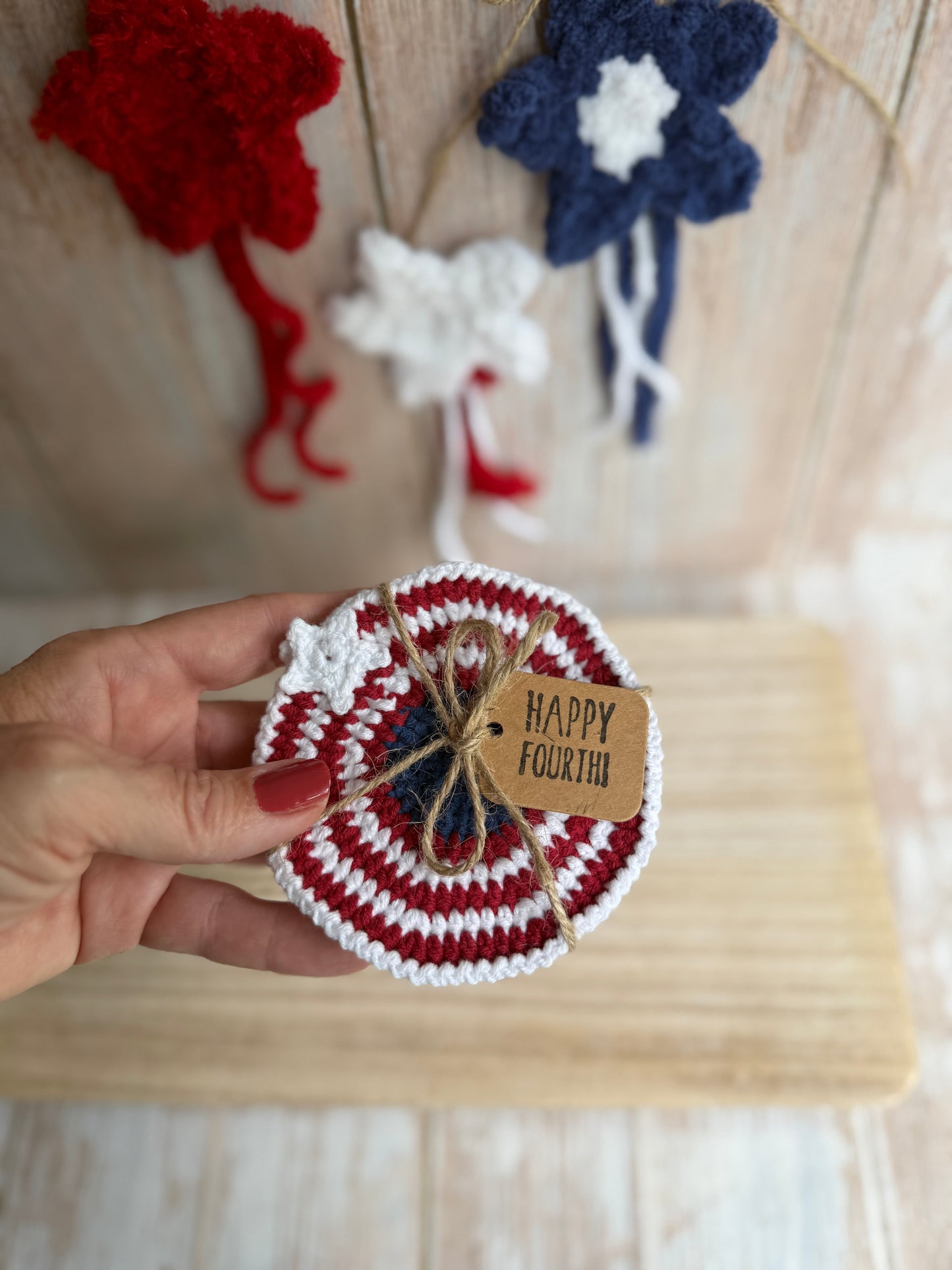 Patriotic Crochet Coaster Set Red, White & Blue Stars (Set of 2), 4th of July Coasters Handmade Americana Crochet Decor (2-Pack), USA Flag Inspired Crochet Coasters Star Spangled Set of 2, Red, White & Blue Round Coasters Independence Day