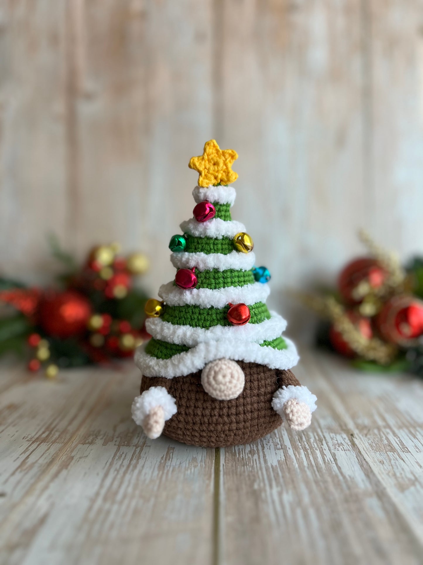 Christmas Tree Gnome with Colorful Bell Ornaments and Star Topper, Unique Holiday Decor, Handmade Christmas Tree