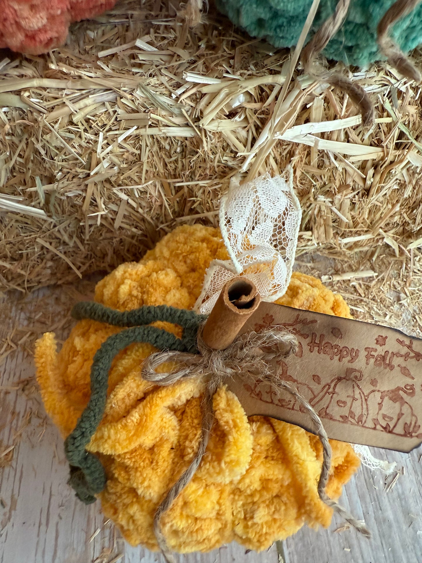 Handmade Fluffy Yarn Pumpkins with Cinnamon Stick Stems, Mustard, Orange & Teal, Cozy Fall Crochet Pumpkins, Handmade in Warm Seasonal Colors, Harvest Collection Crochet Pumpkins, Mustard, Teal & Orange