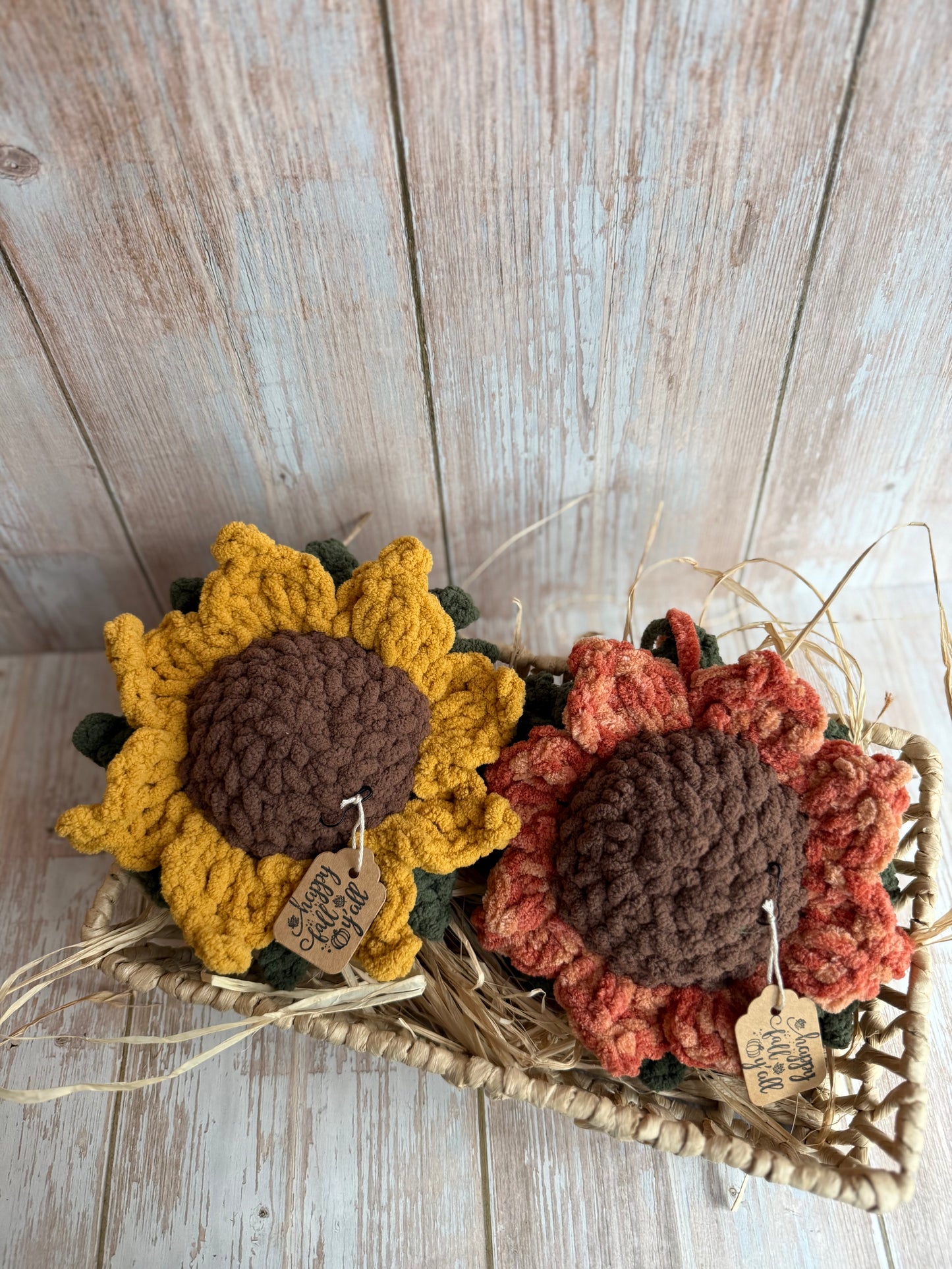 Large Crochet Sunflowers – Mustard & Orange – Fall Tiered Tray or Hanging Decor, Rustic Farmhouse Crochet Sunflowers, Autumn Crochet Sunflowers – Perfect for Tiered Tray or Wall Hangin