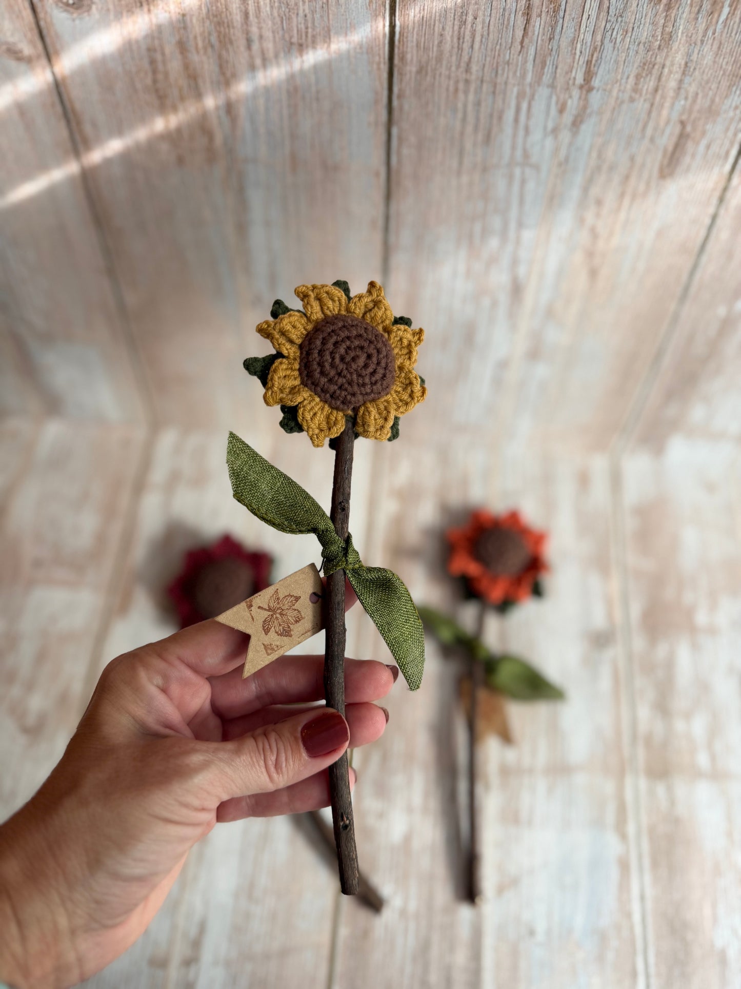 Sunflowers With Real Twig Stems, Crochet Sunflowers Real Twig Stem Details, Handmade Crochet Sunflower, Rustic Crochet Sunflower