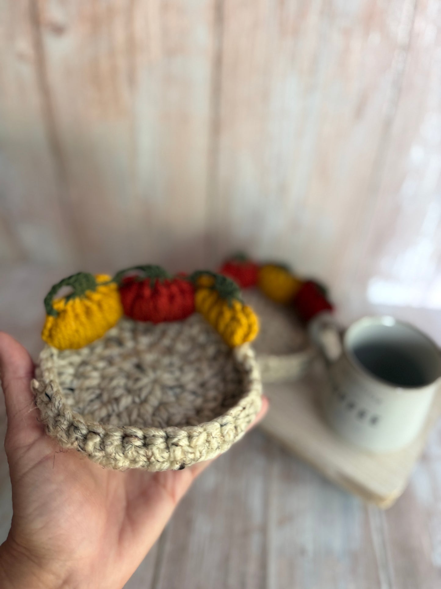 Crochet Pumpkin Patch Coasters, Handmade Fall Coasters, Rustic Pumpkin Design, Autumn Harvest Crochet Coasters, Pumpkins, Pumpkin Trio Crochet Coasters, Farmhouse Fall Decor