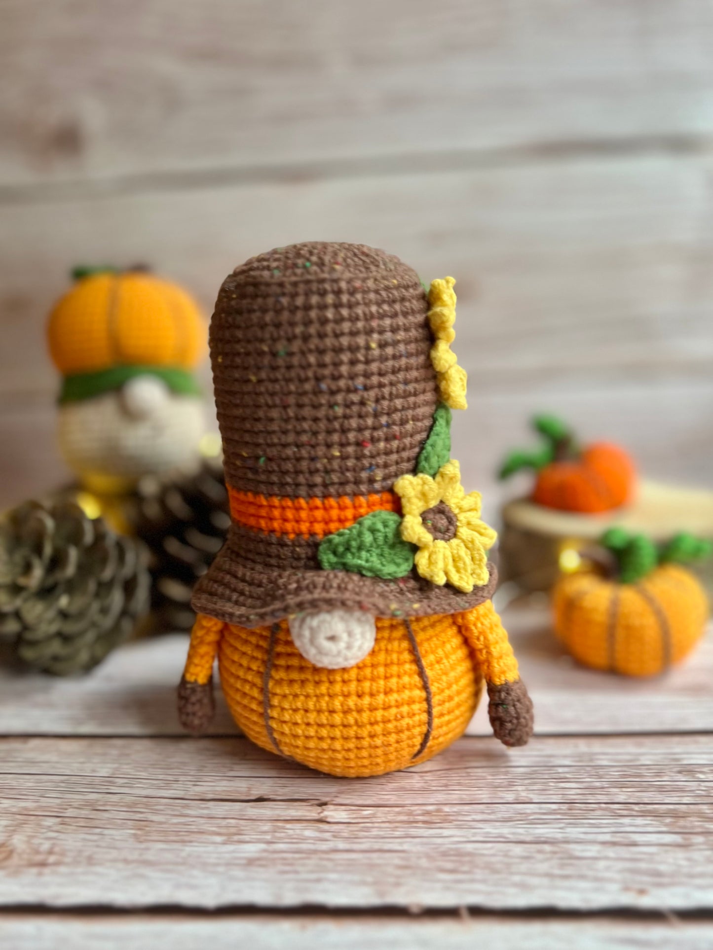 Pumpkin Pete, Harvest Gnome With Pumpkin Body and Brown Hat, Fall-Themed Crocheted Harvest Gnome, Handmade Harvest Gnome with Yellow Flowers