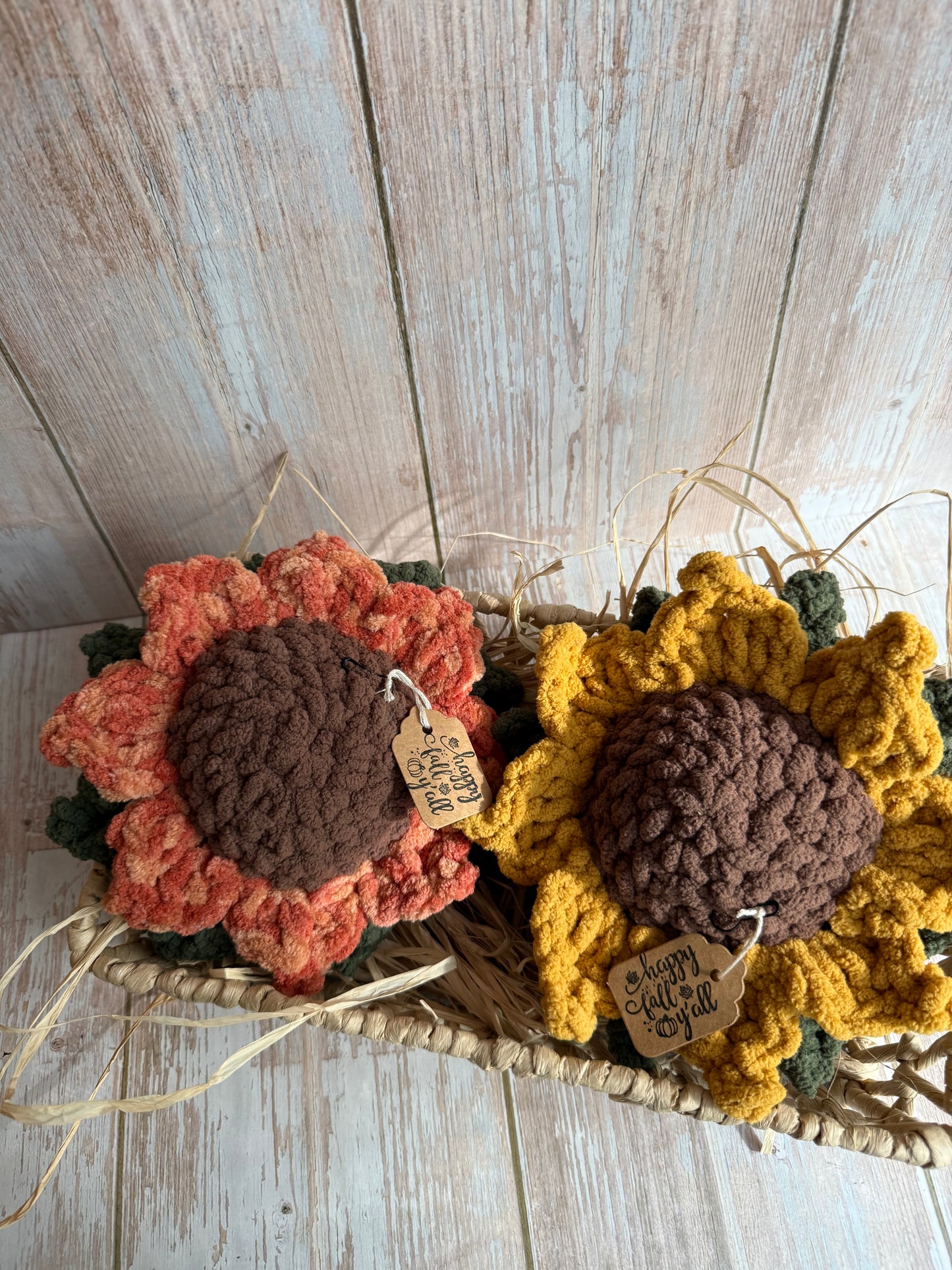 Large Crochet Sunflowers – Mustard & Orange – Fall Tiered Tray or Hanging Decor, Rustic Farmhouse Crochet Sunflowers, Autumn Crochet Sunflowers – Perfect for Tiered Tray or Wall Hangin