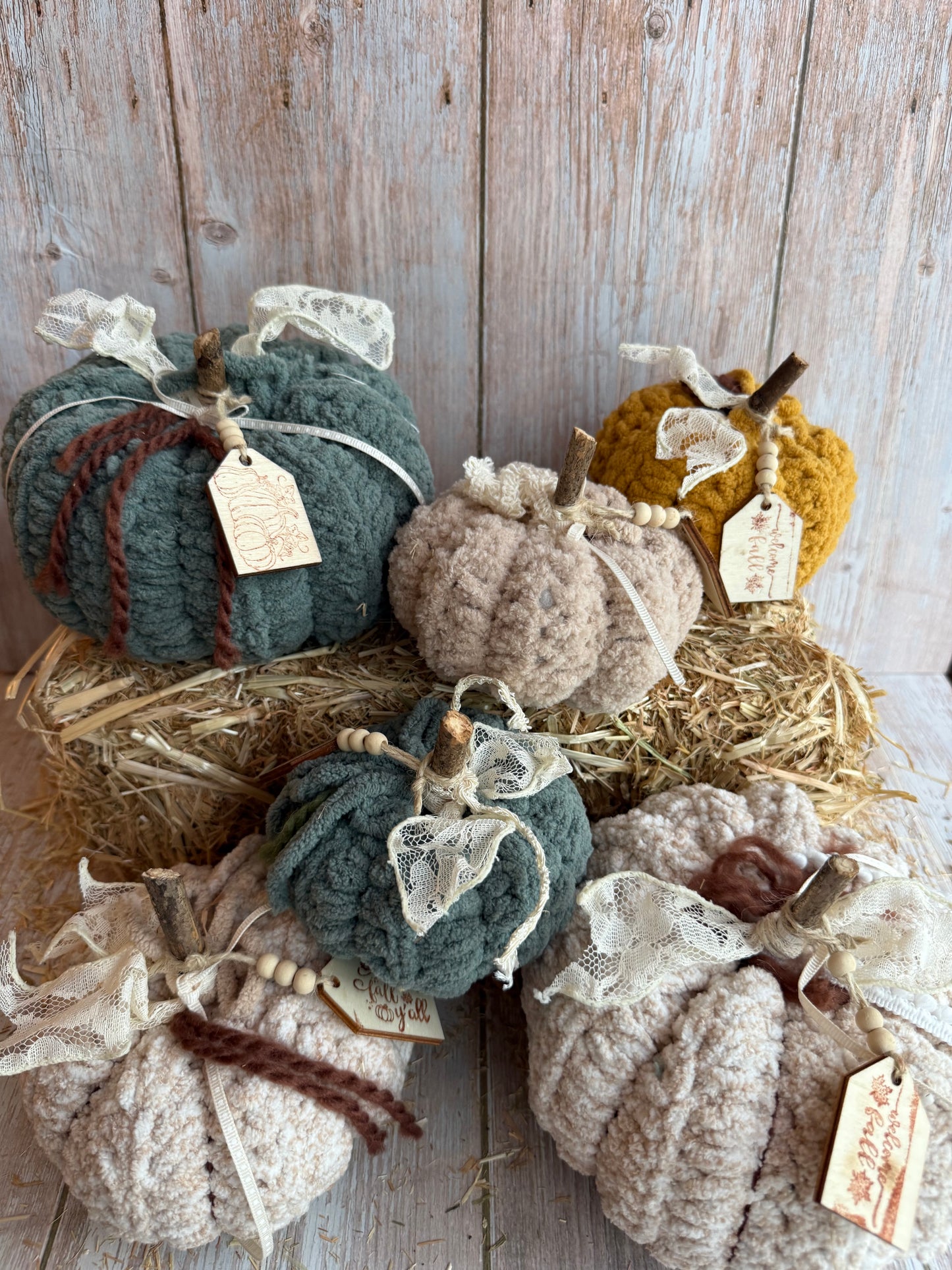 Rustic Crochet Pumpkins, Handmade Fall Decoration, Harvest Collection Crochet Pumpkin, Handmade Fluffy Yarn Pumpkins with Rustic Wooden Stems, Mustard, Beige & Teal