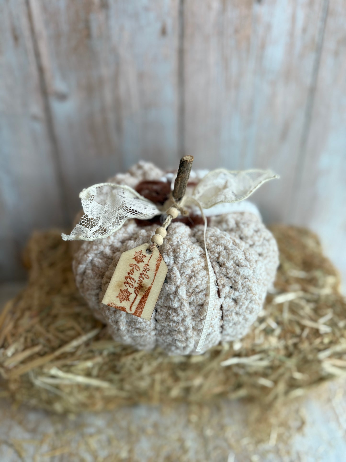 Rustic Crochet Pumpkins, Handmade Fall Decoration, Harvest Collection Crochet Pumpkin, Handmade Fluffy Yarn Pumpkins with Rustic Wooden Stems, Mustard, Beige & Teal