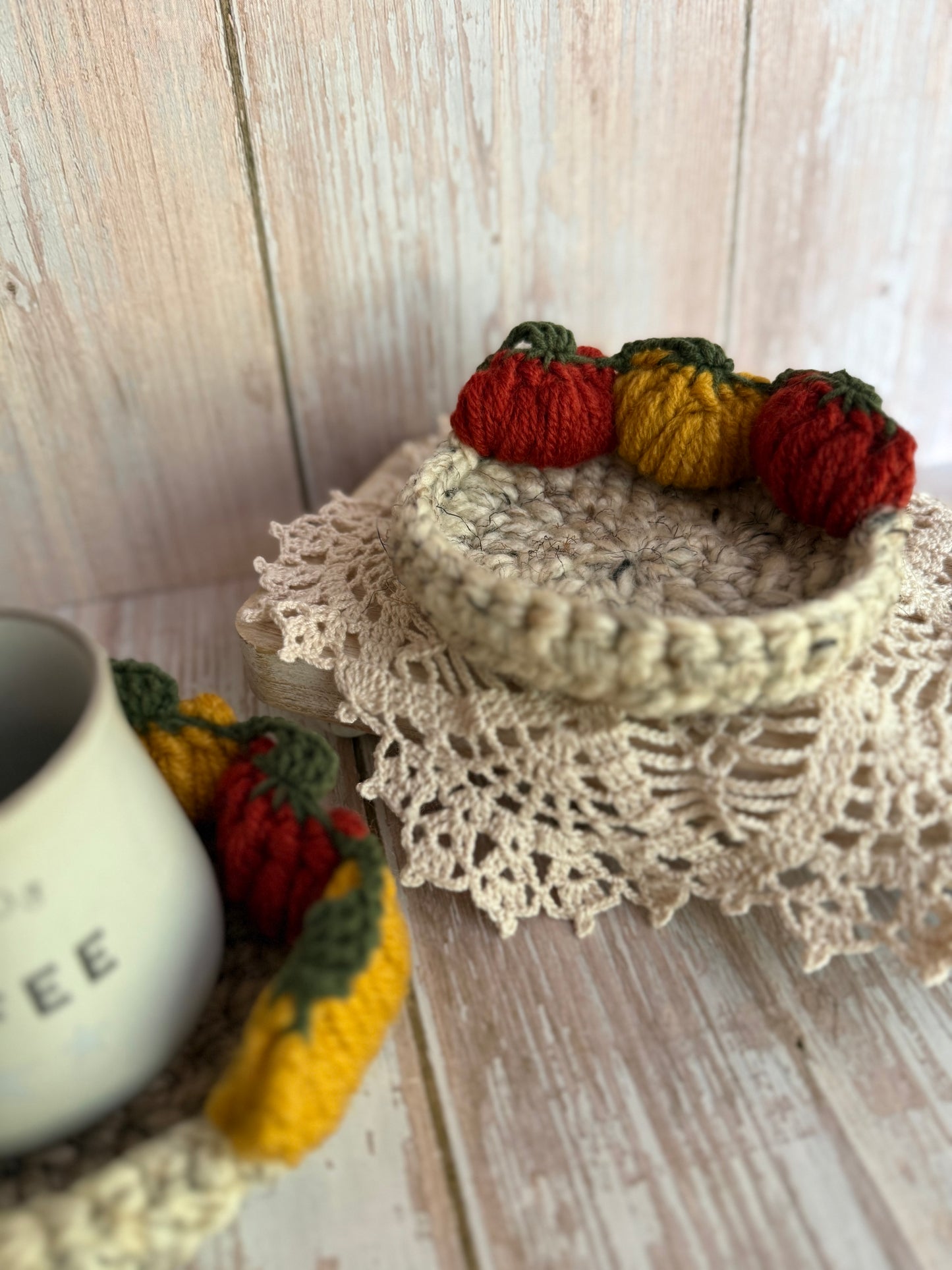 Crochet Pumpkin Patch Coasters, Handmade Fall Coasters, Rustic Pumpkin Design, Autumn Harvest Crochet Coasters, Pumpkins, Pumpkin Trio Crochet Coasters, Farmhouse Fall Decor