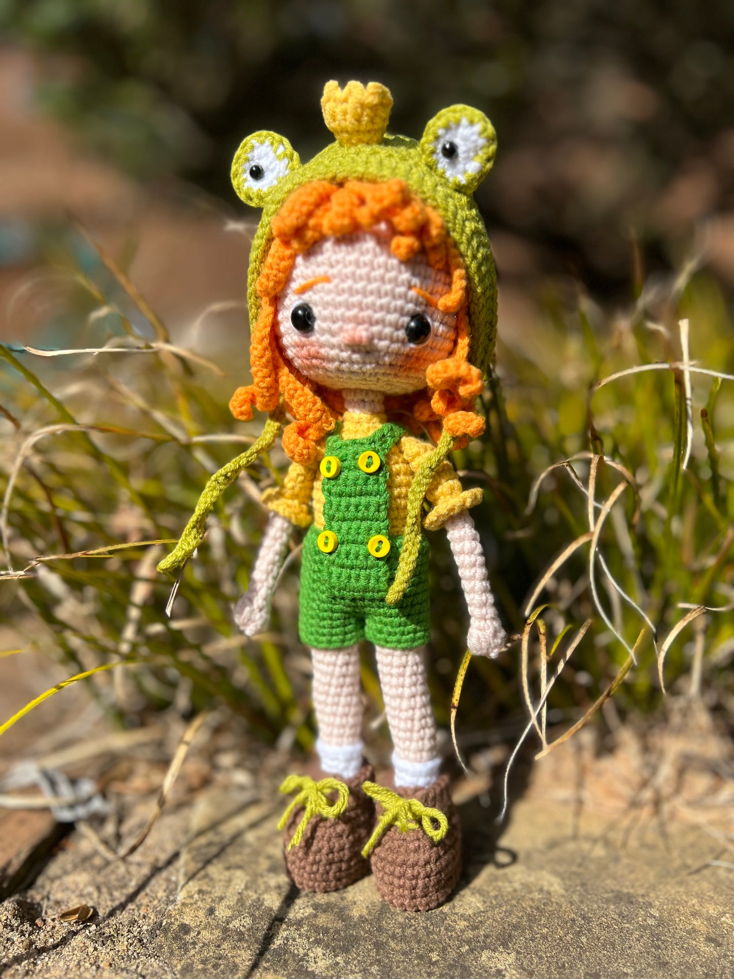 Tiny Girl With A Frog Hat Amigurumi Crochet Doll, Handmade Knitted, Ready Made, Kids Gifts, Artisan Doll, Collectible Handmade Plushies, Unique Nursery Decor