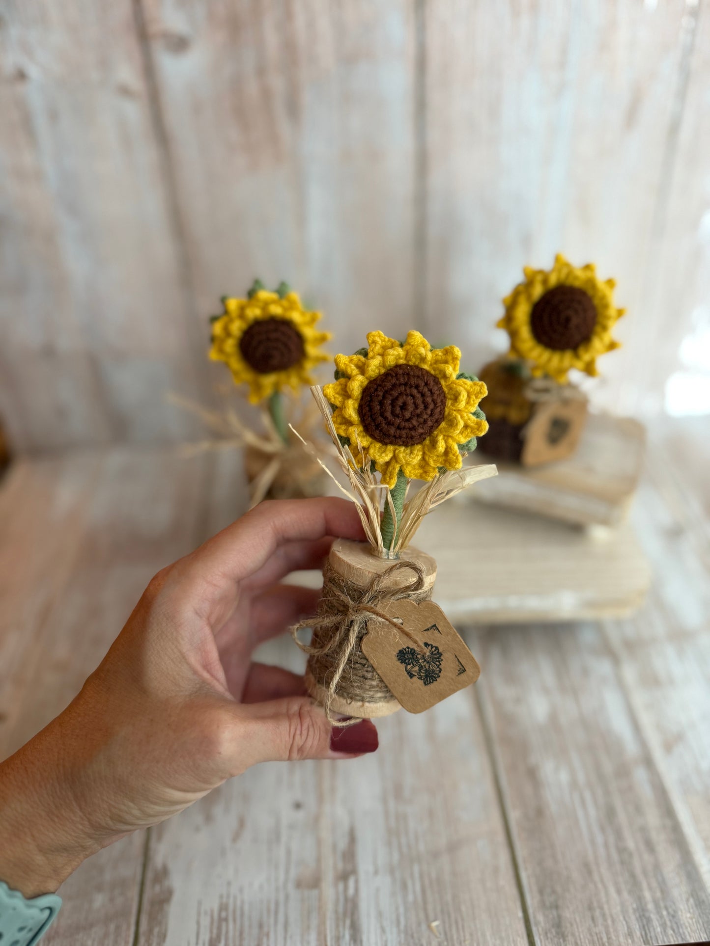 Rustic Crochet Sunflower Arrangement in Wooden Spool Vase, Handcrafted Sunflower Ornament, Crochet Flower in Twine Wrapped Spool, Farmhouse Style Crochet Sunflower with Wooden Spool Base, Boho Rustic Crochet Sunflower Tabletop Decoration