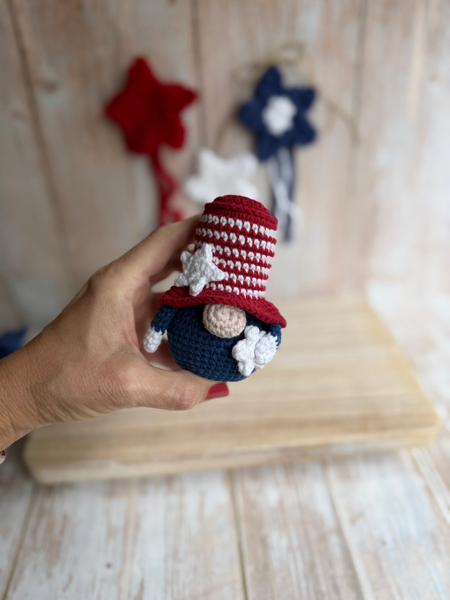 Uncle Sam Crochet Gnome Patriotic Holiday Decor, Stars & Stripes Gnome – Handmade 4th of July Cutie, Red, White & Blue Gnome Mini Patriotic Amigurumi, Liberty Hat Gnome Crochet Americana Decor, USA Striped Hat Gnome