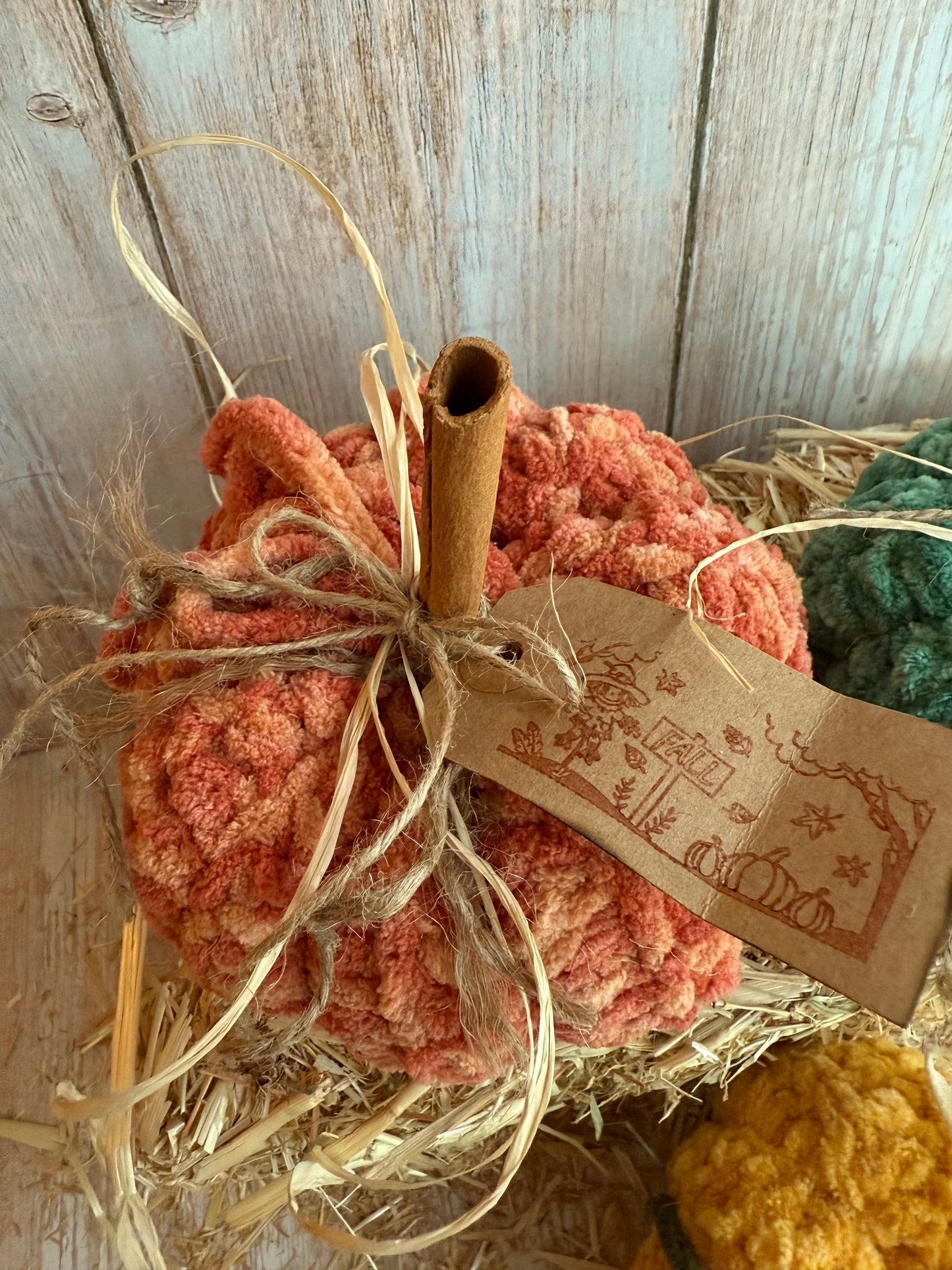 Handmade Fluffy Yarn Pumpkins with Cinnamon Stick Stems, Mustard, Orange & Teal, Cozy Fall Crochet Pumpkins, Handmade in Warm Seasonal Colors, Harvest Collection Crochet Pumpkins, Mustard, Teal & Orange