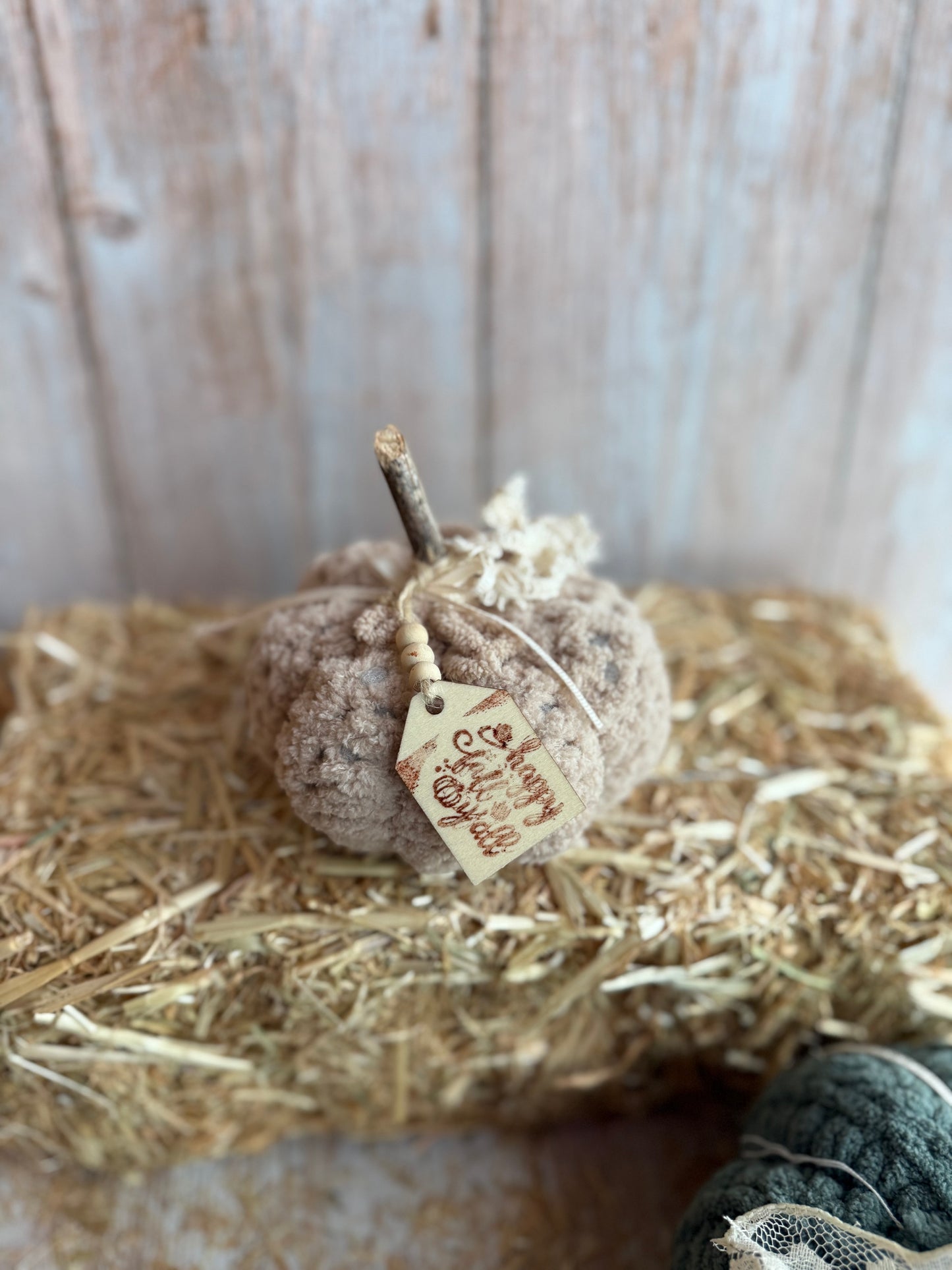 Rustic Crochet Pumpkins, Handmade Fall Decoration, Harvest Collection Crochet Pumpkin, Handmade Fluffy Yarn Pumpkins with Rustic Wooden Stems, Mustard, Beige & Teal