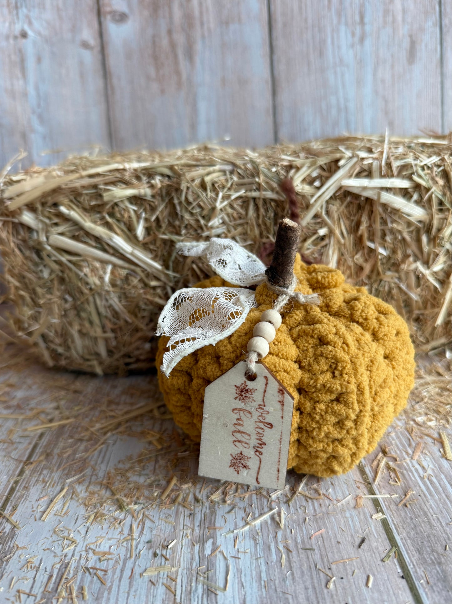 Rustic Crochet Pumpkins, Handmade Fall Decoration, Harvest Collection Crochet Pumpkin, Handmade Fluffy Yarn Pumpkins with Rustic Wooden Stems, Mustard, Beige & Teal