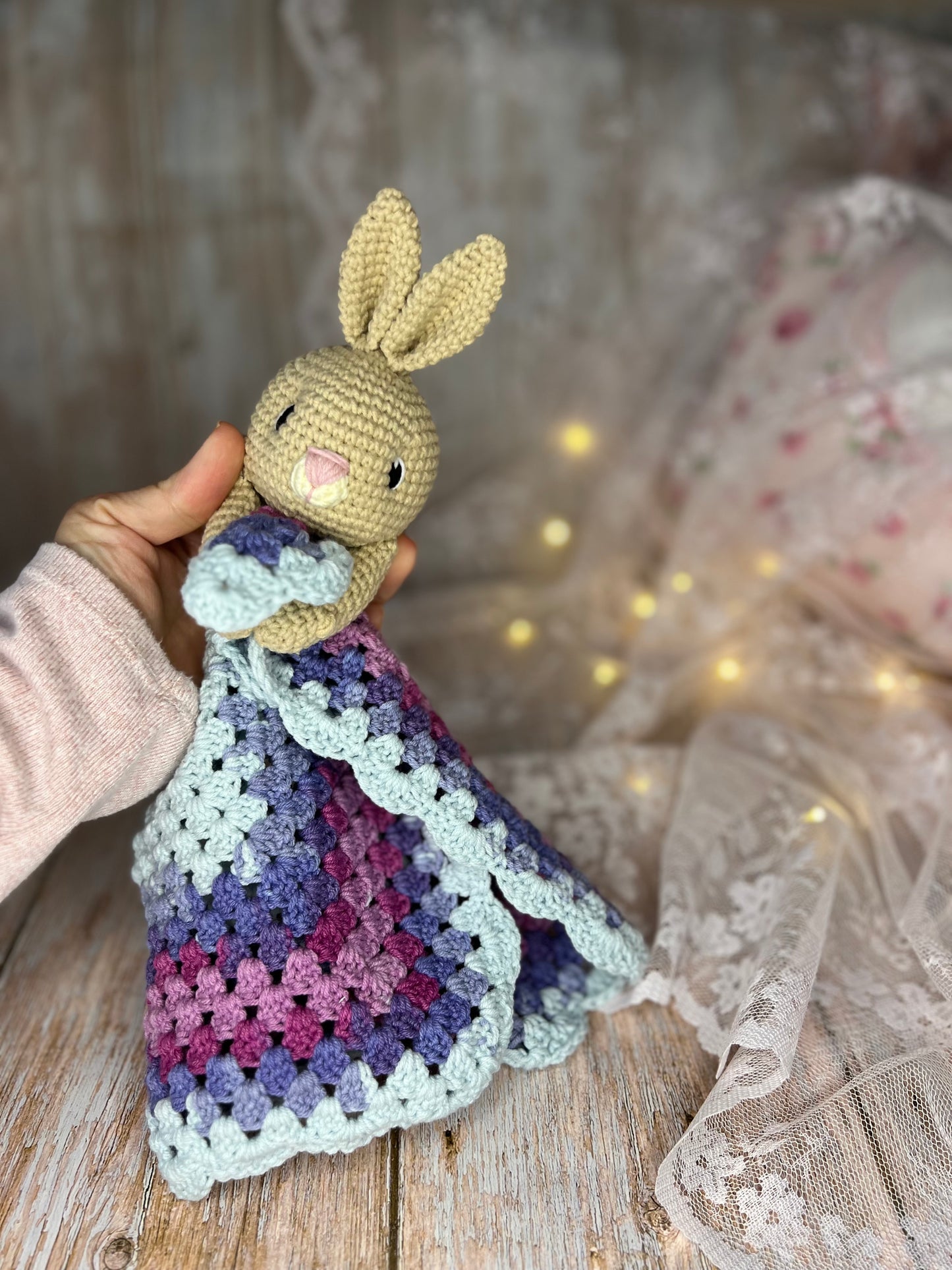 Bunny Lovey Blanket, Handmade Bunny Lovey, Readymade, Handcrafted Snuggler, Handmade Toys, Custom Baby Gifts, Artisan Crochet Toys, Artisanal Baby Shower Presents