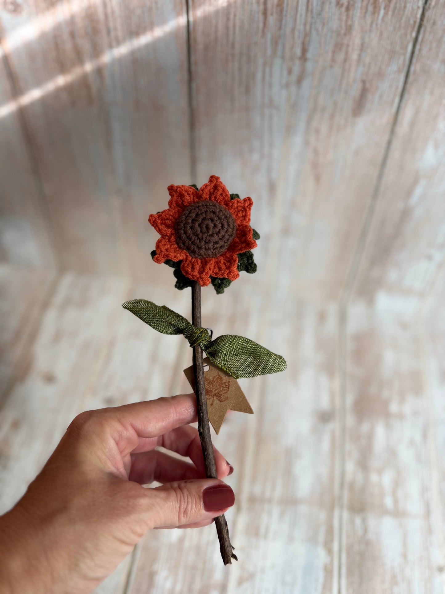 Sunflowers With Real Twig Stems, Crochet Sunflowers Real Twig Stem Details, Handmade Crochet Sunflower, Rustic Crochet Sunflower