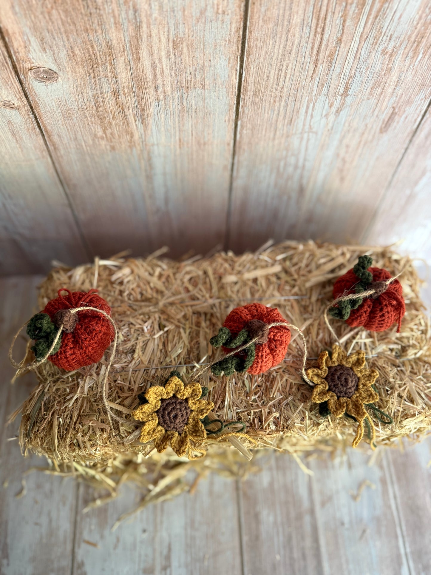 Autumn Harvest Crochet Garland, Handmade Fall Garland Rustic Pumpkins & Sunflowers, Cozy Crochet Fall Garland Pumpkins & Blooms, Rustic Pumpkin & Sunflower Garland, Autumn Home Decor, Handmade Crochet Fall Garland Farmhouse Style