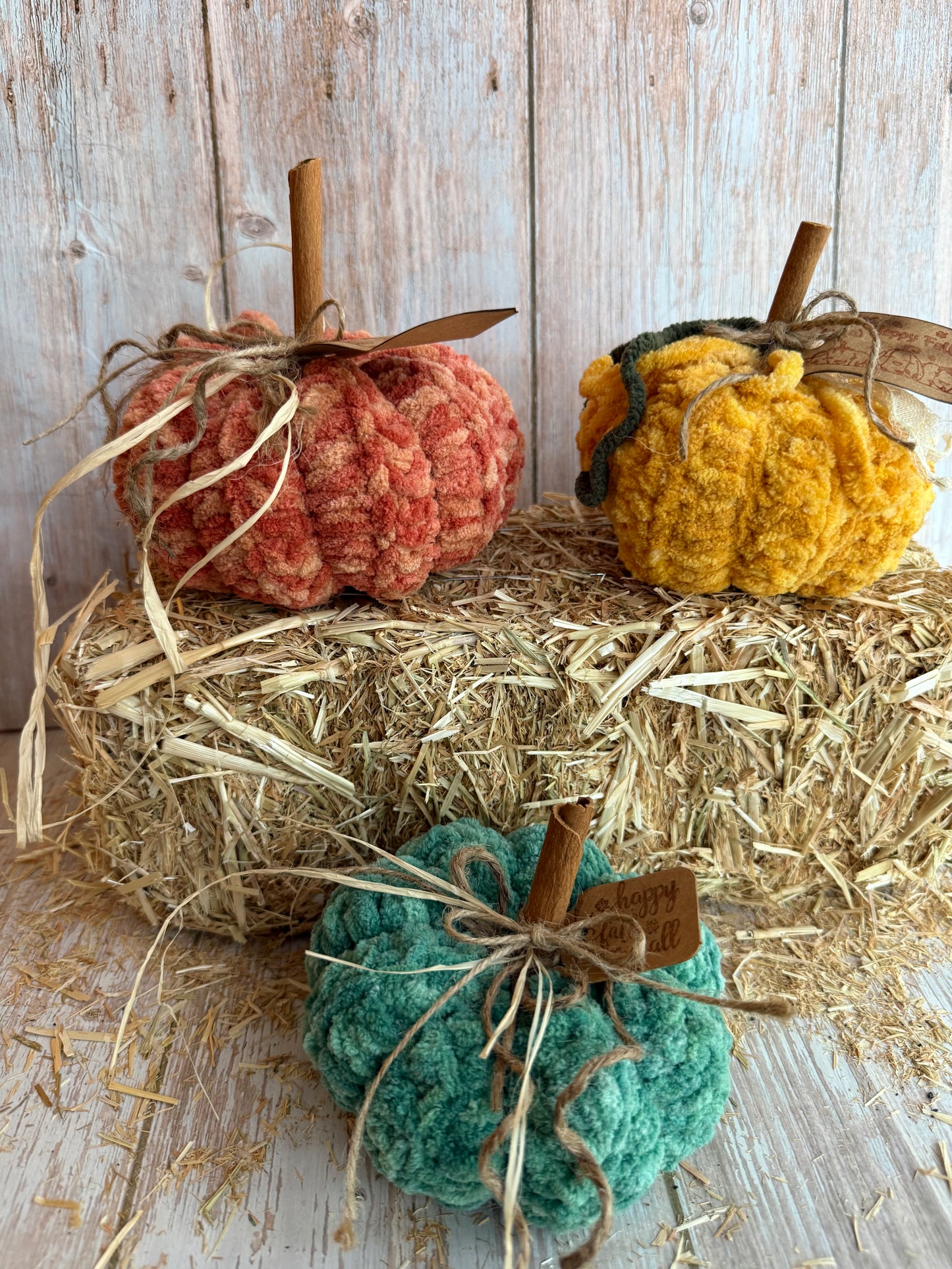 Handmade Fluffy Yarn Pumpkins with Cinnamon Stick Stems, Mustard, Orange & Teal, Cozy Fall Crochet Pumpkins, Handmade in Warm Seasonal Colors, Harvest Collection Crochet Pumpkins, Mustard, Teal & Orange