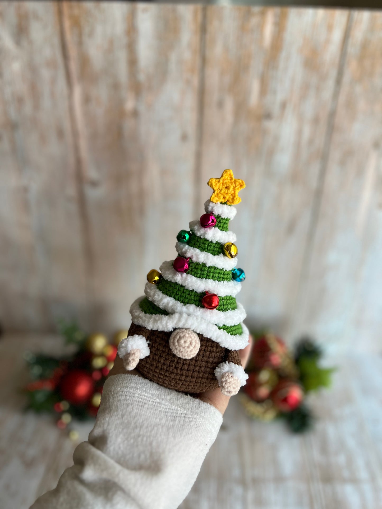 Christmas Tree Gnome with Colorful Bell Ornaments and Star Topper, Unique Holiday Decor, Handmade Christmas Tree