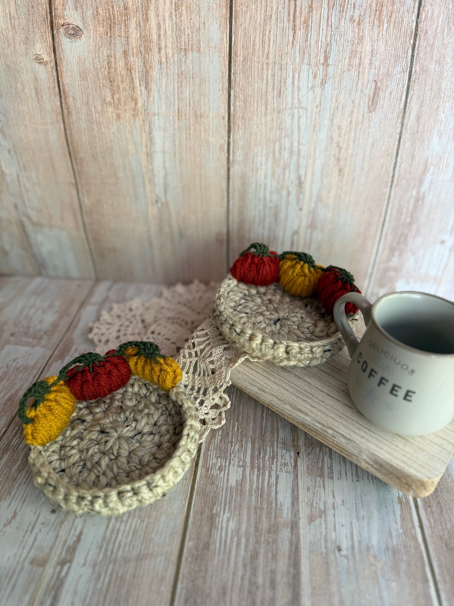 Crochet Pumpkin Patch Coasters, Handmade Fall Coasters, Rustic Pumpkin Design, Autumn Harvest Crochet Coasters, Pumpkins, Pumpkin Trio Crochet Coasters, Farmhouse Fall Decor