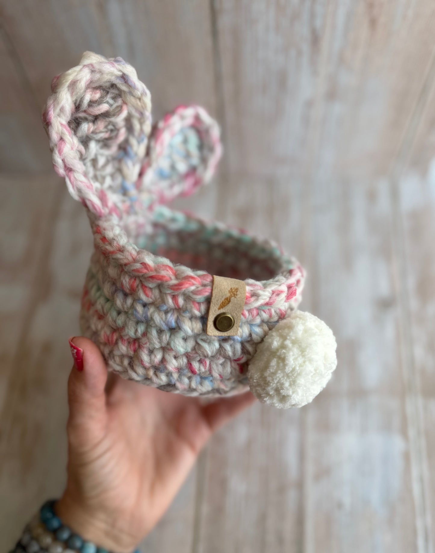 Handmade Bunny Ear Crochet Basket, Easter Bunny Storage Basket, Whimsical Bunny Tail Basket, Pastel Bunny Basket – Cute & Cozy, Chunky Crochet Bunny Basket