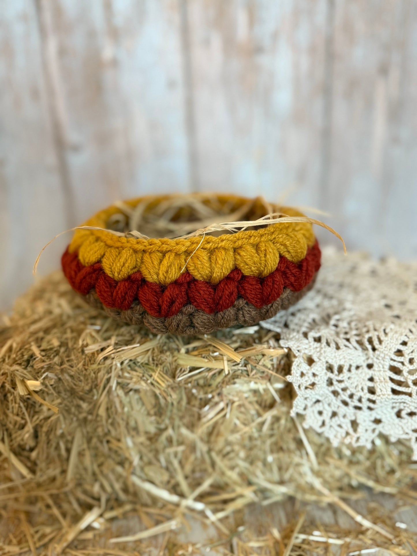 Handmade Autumn Crochet Basket – Cozy Fall Decor in Mustard, Rust & Brown, Chunky Crochet Basket – Fall Harvest Colors, Cozy Fall Storage Basket – Rustic Crochet Decor, Handcrafted Crochet Basket – Warm Autumn Tones