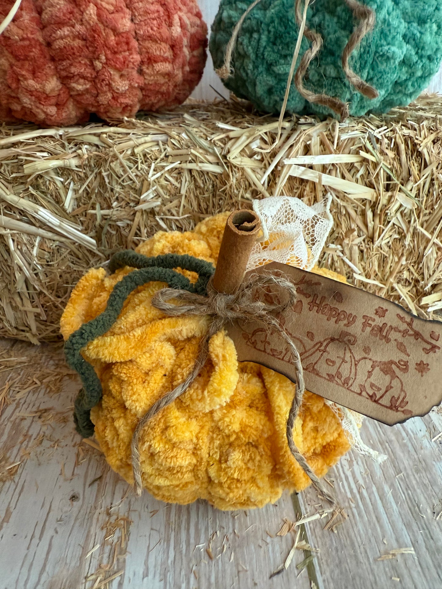 Handmade Fluffy Yarn Pumpkins with Cinnamon Stick Stems, Mustard, Orange & Teal, Cozy Fall Crochet Pumpkins, Handmade in Warm Seasonal Colors, Harvest Collection Crochet Pumpkins, Mustard, Teal & Orange