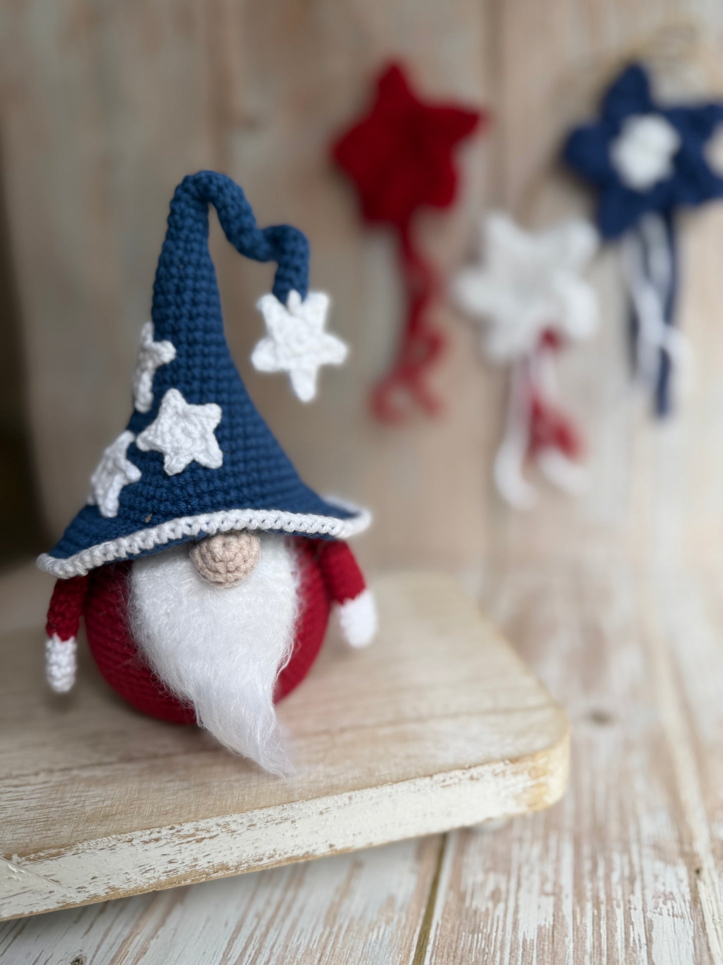 Patriotic Gnome Red, White & Blue Crochet Decor, Stars & Stripes Wizard Gnome Handmade Holiday Decoration, American Spirit Gnome Crochet Star Hat Patriotic Decor