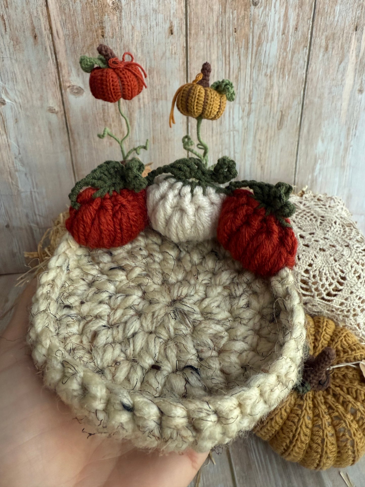 Crochet Pumpkin Patch Coasters, Handmade Fall Coasters, Rustic Pumpkin Design, Autumn Harvest Crochet Coasters, Pumpkins, Pumpkin Trio Crochet Coasters, Farmhouse Fall Decor