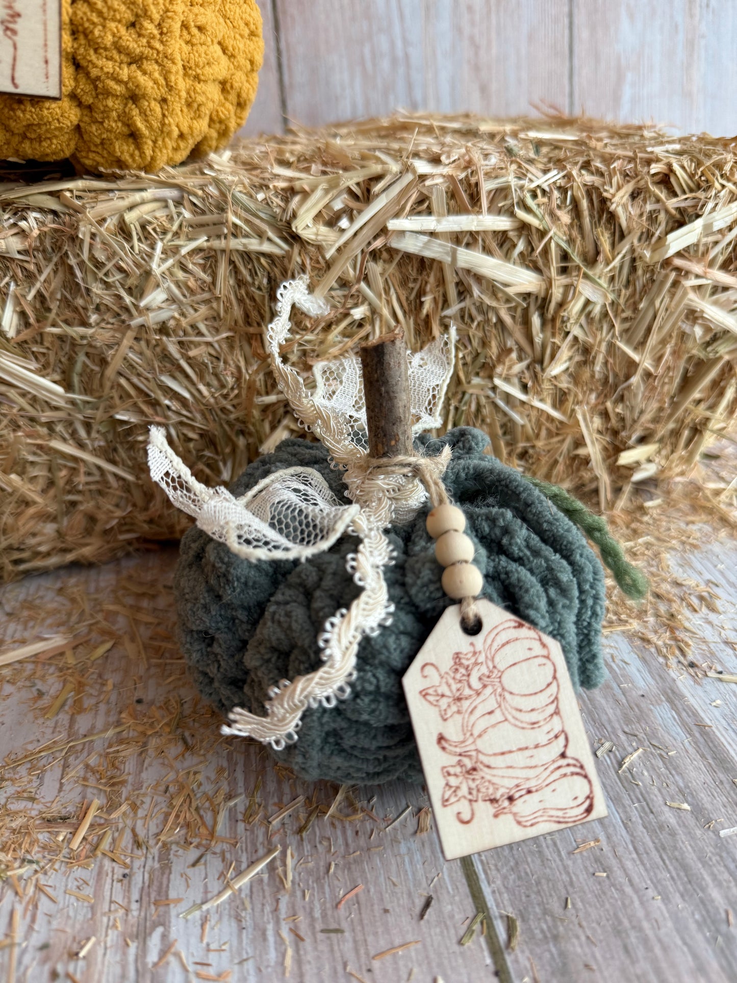 Rustic Crochet Pumpkins, Handmade Fall Decoration, Harvest Collection Crochet Pumpkin, Handmade Fluffy Yarn Pumpkins with Rustic Wooden Stems, Mustard, Beige & Teal