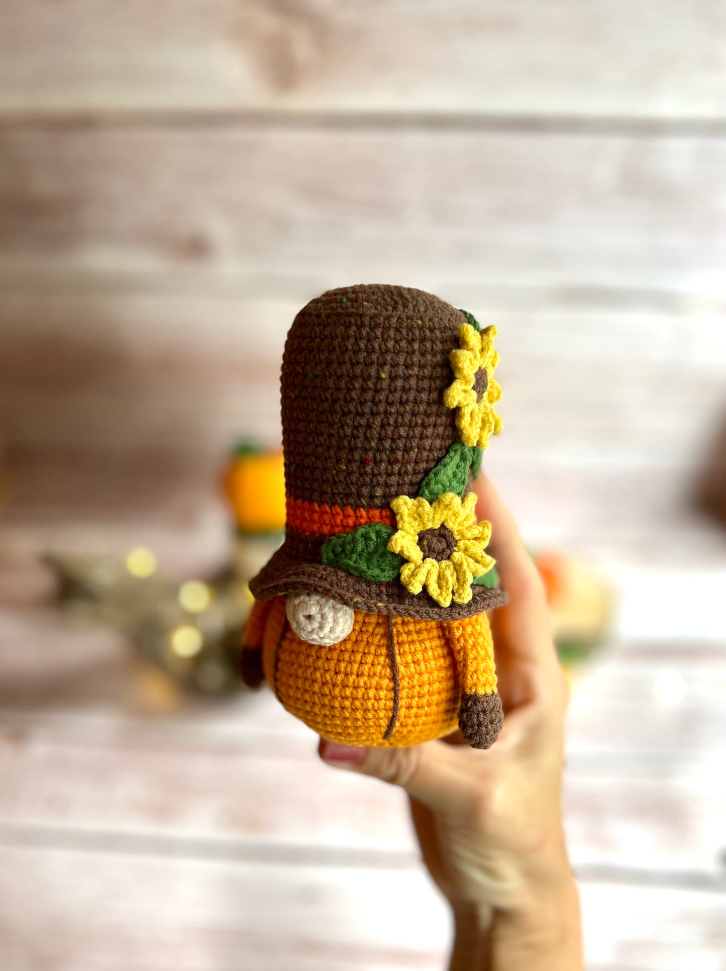 Pumpkin Pete, Harvest Gnome With Pumpkin Body and Brown Hat, Fall-Themed Crocheted Harvest Gnome, Handmade Harvest Gnome with Yellow Flowers