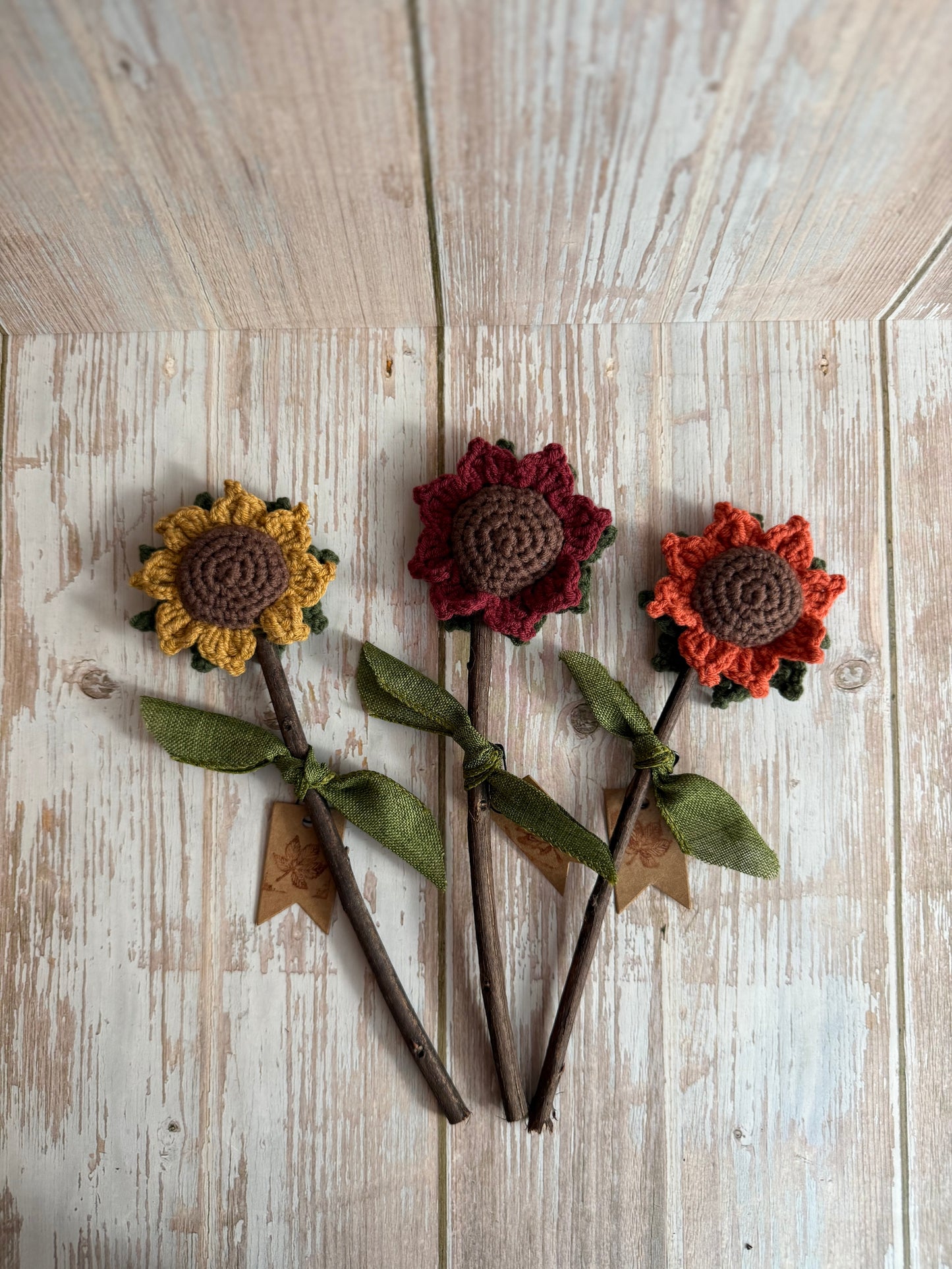 Sunflowers With Real Twig Stems, Crochet Sunflowers Real Twig Stem Details, Handmade Crochet Sunflower, Rustic Crochet Sunflower