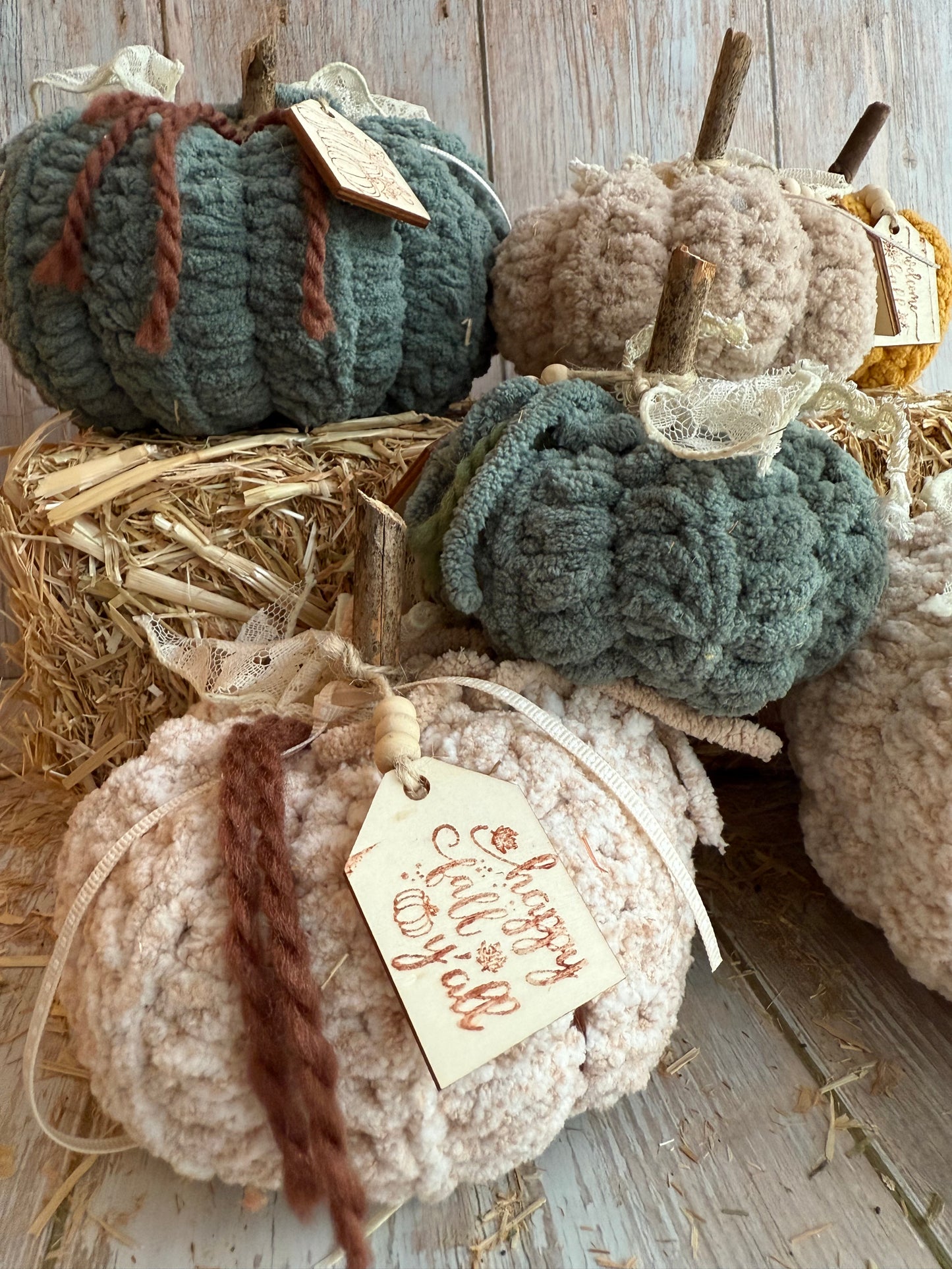 Rustic Crochet Pumpkins, Handmade Fall Decoration, Harvest Collection Crochet Pumpkin, Handmade Fluffy Yarn Pumpkins with Rustic Wooden Stems, Mustard, Beige & Teal